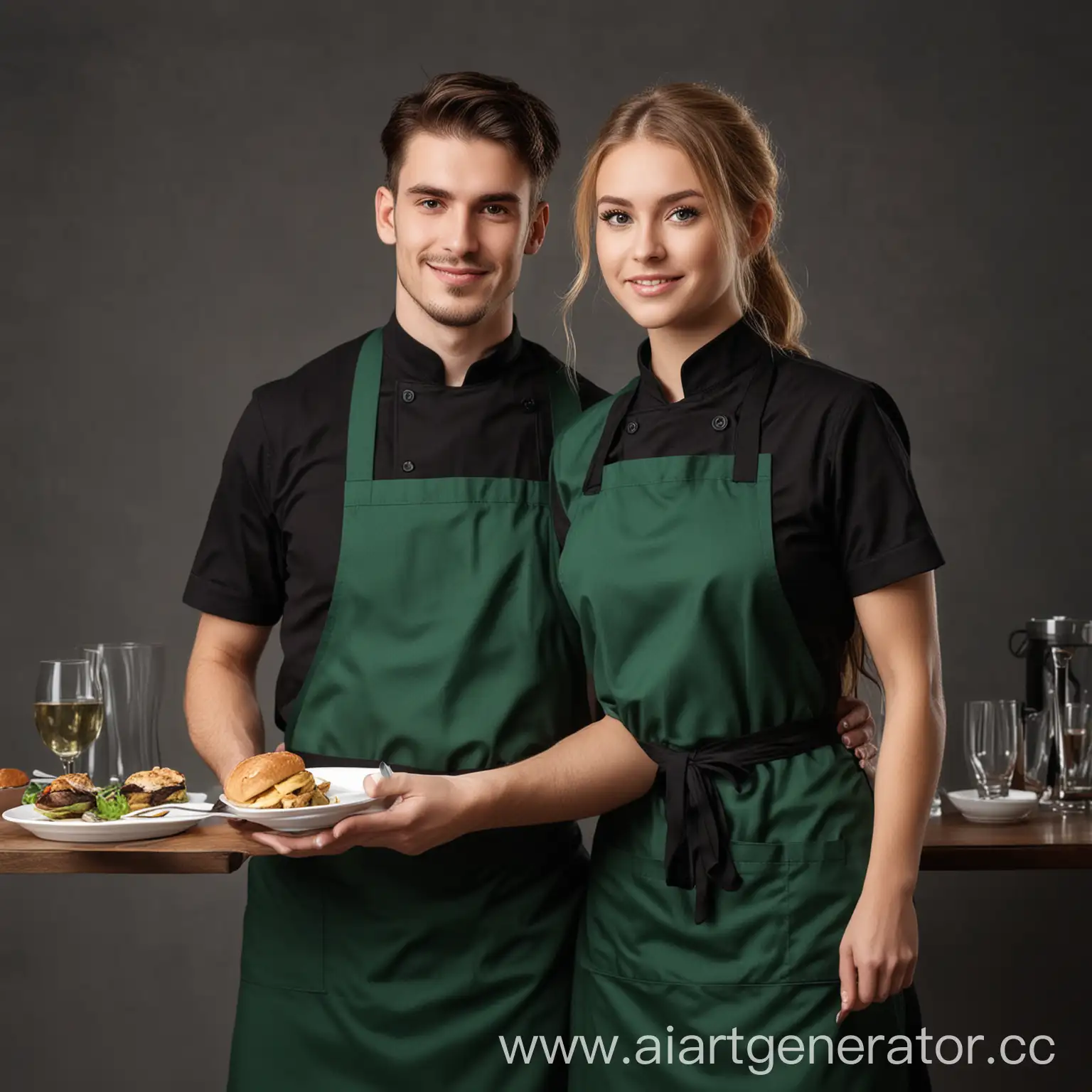 Официант и официантка в тёмно-зелёной униформе и чёрным фартуком