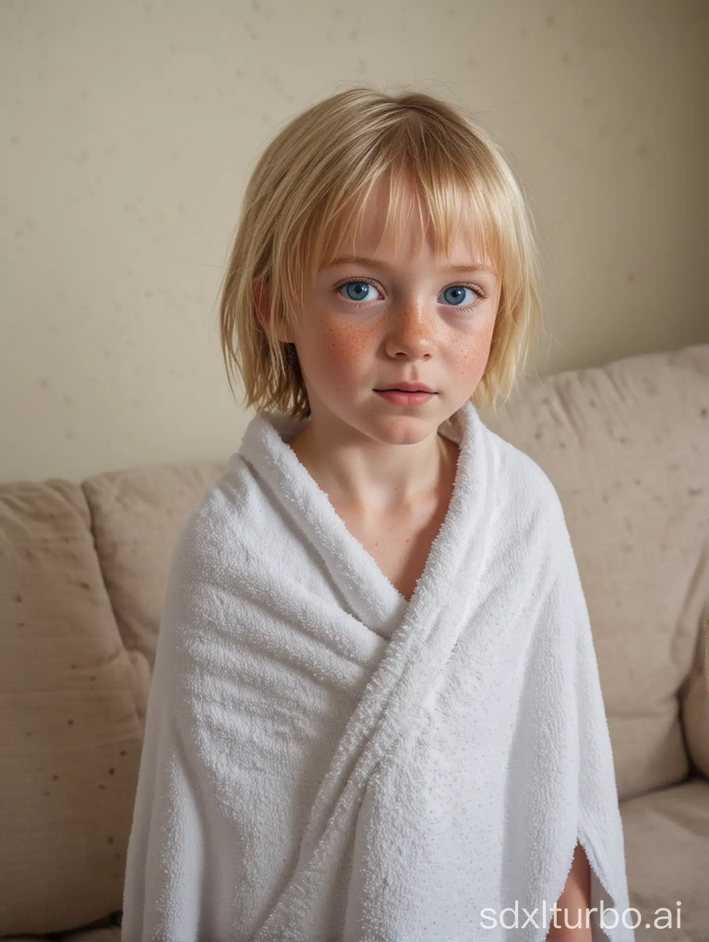 a high definition slr photograph of a little girl with bobbed blonde hair, blue eyes and freckles standing in front of a corner sofa wearing only a towel.