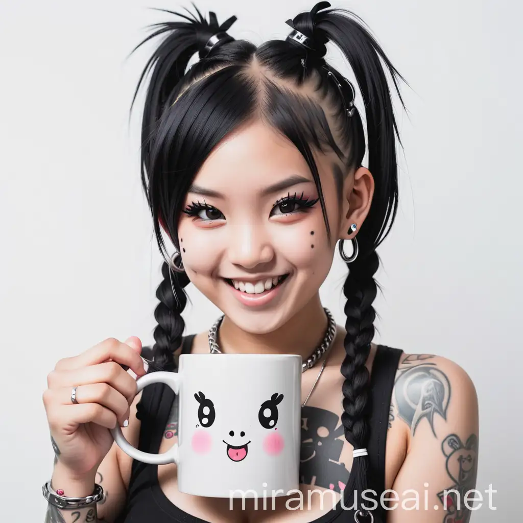 sexy asian punk girl with pigtails piercing smiling with a square white mug on a white background