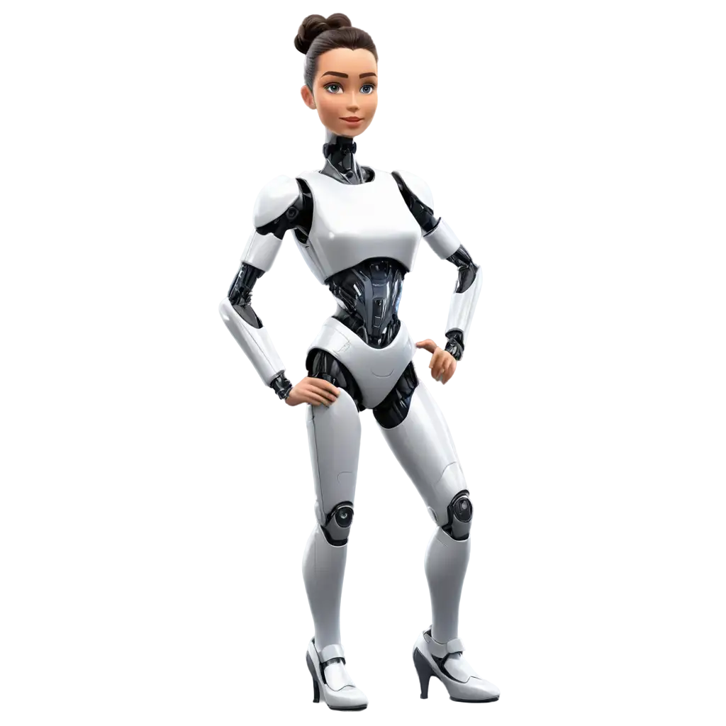 Front side Cartoon Illustration of a standing female Robot, looks slightly human.