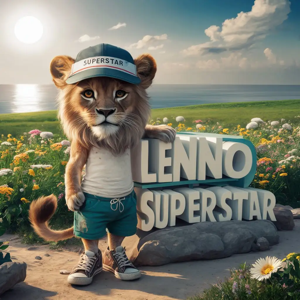 text: ''Lenno Superstar'', big letters,blumen, wiese, sonne, paradise, see, fotorealistisch, kleiner löwe in menschlicher form mit sonnenbrille, cap und hose und sneakern, steht neben dem text