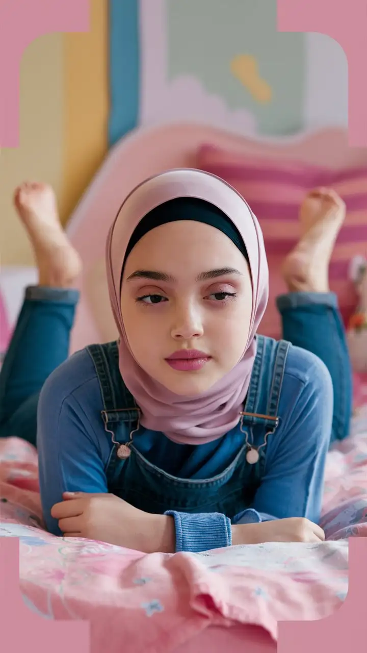 A most beautiful teenage girl.  17 years old. She wears a hijab, jean overalls,
She is beautiful. She lie face down on the bed.
petite, plump lips.  Elegant, pretty, pink lips, soft eyes, bony face