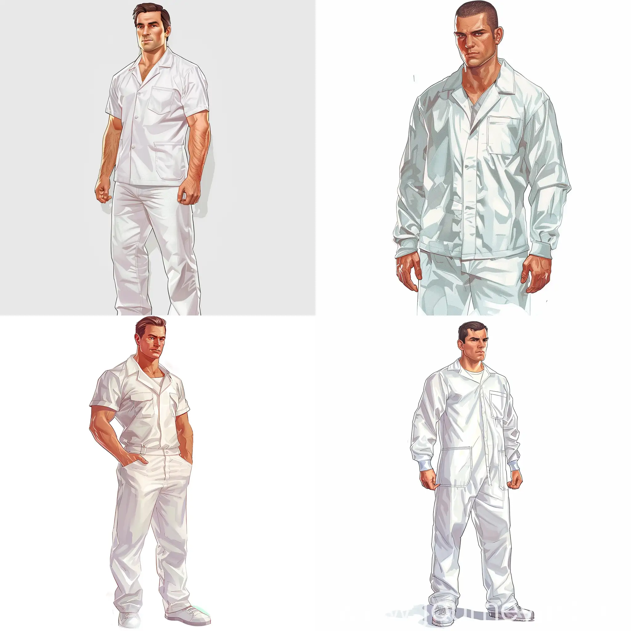 Draw a handsome young surgeon in a full-length white uniform. A drawing in the style of the GTA 5 computer game. The background is white.
