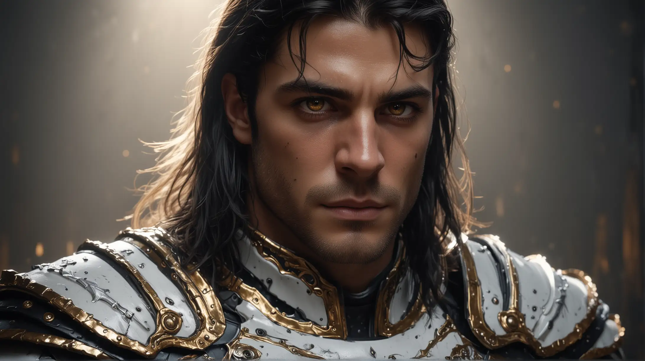 Muscular Man in White and Black Armor with Gold Glowing Eyes