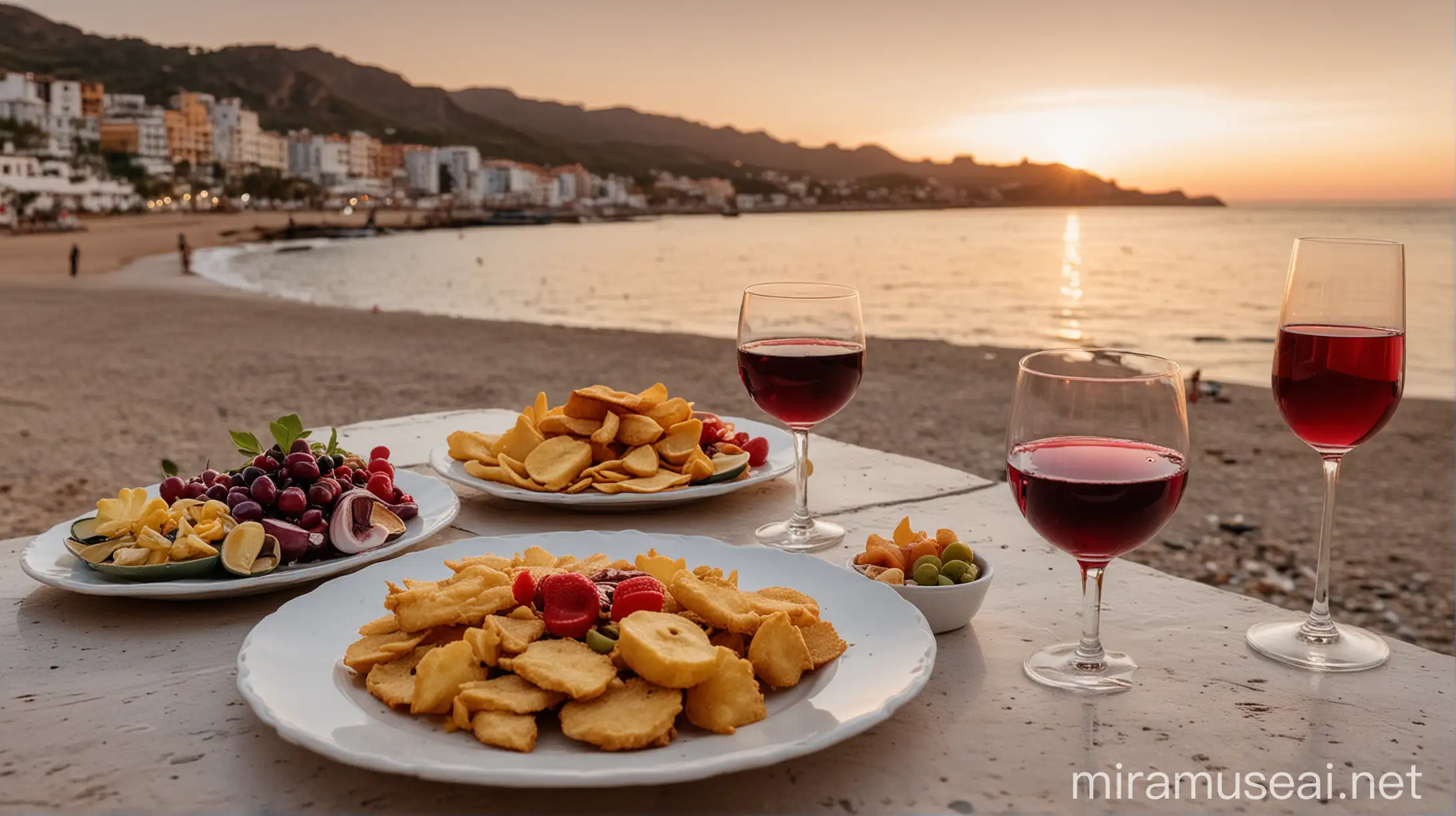 A wide-angle photograph taken with a Canon EOS R5, capturing a beautifully set table by the beach in Málaga during the golden hour. On the table, there are two plates: one with crispy pescadito frito and another with a selection of fresh fruits. A glass of red wine complements the scene. In the background, the beach looks stunning and inviting. --ar 128:85 --v 6.0 --style raw.

