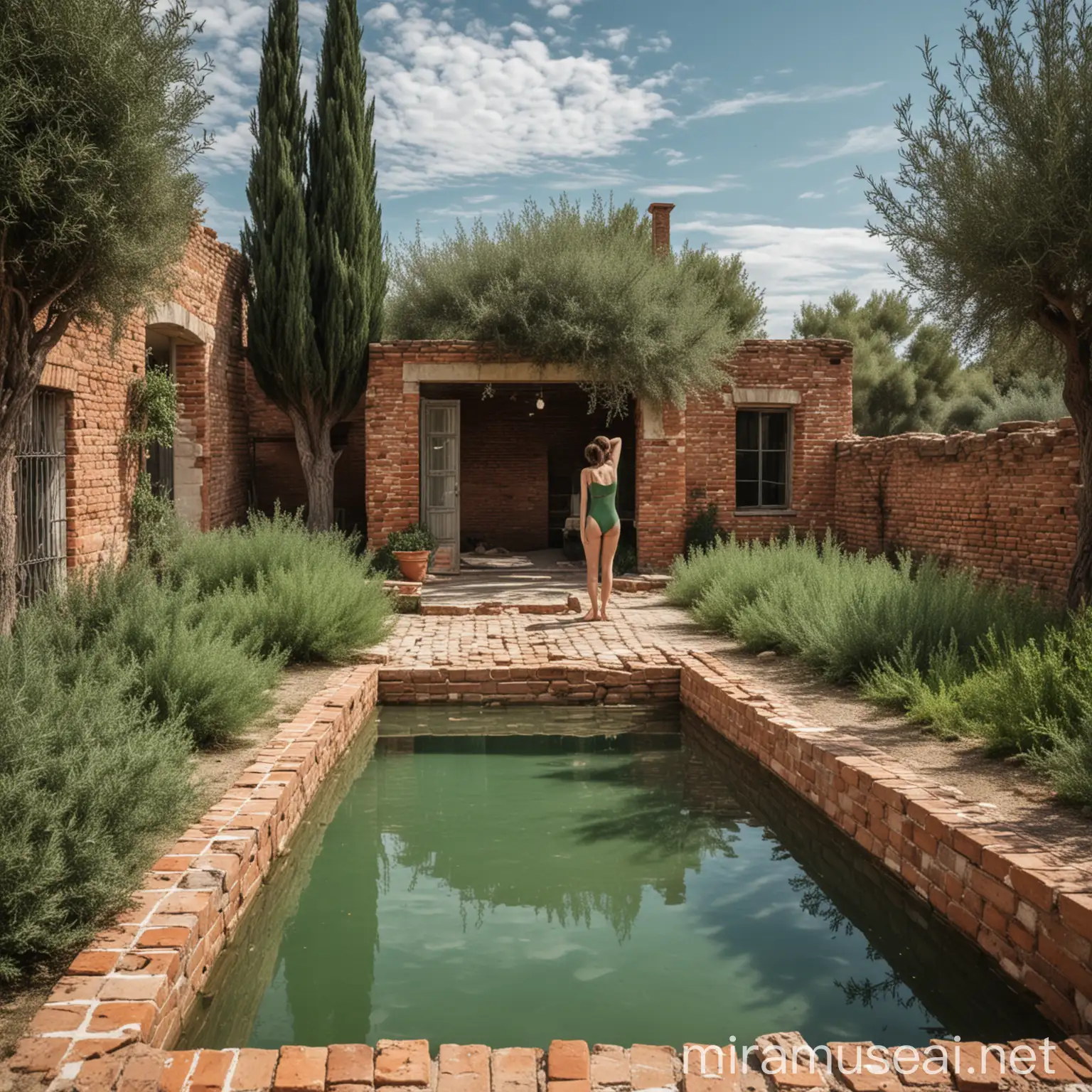minimalism style little thermal pool outside with a woman alone bathing wearing a green swimsuit, in dry mediterranean garden, inside a large, dilapidated, ancient of 1700, roofless, italian building made of bricks, gravel floor, herbs, olive trees, cypress trees, rosemary, seen from pool

