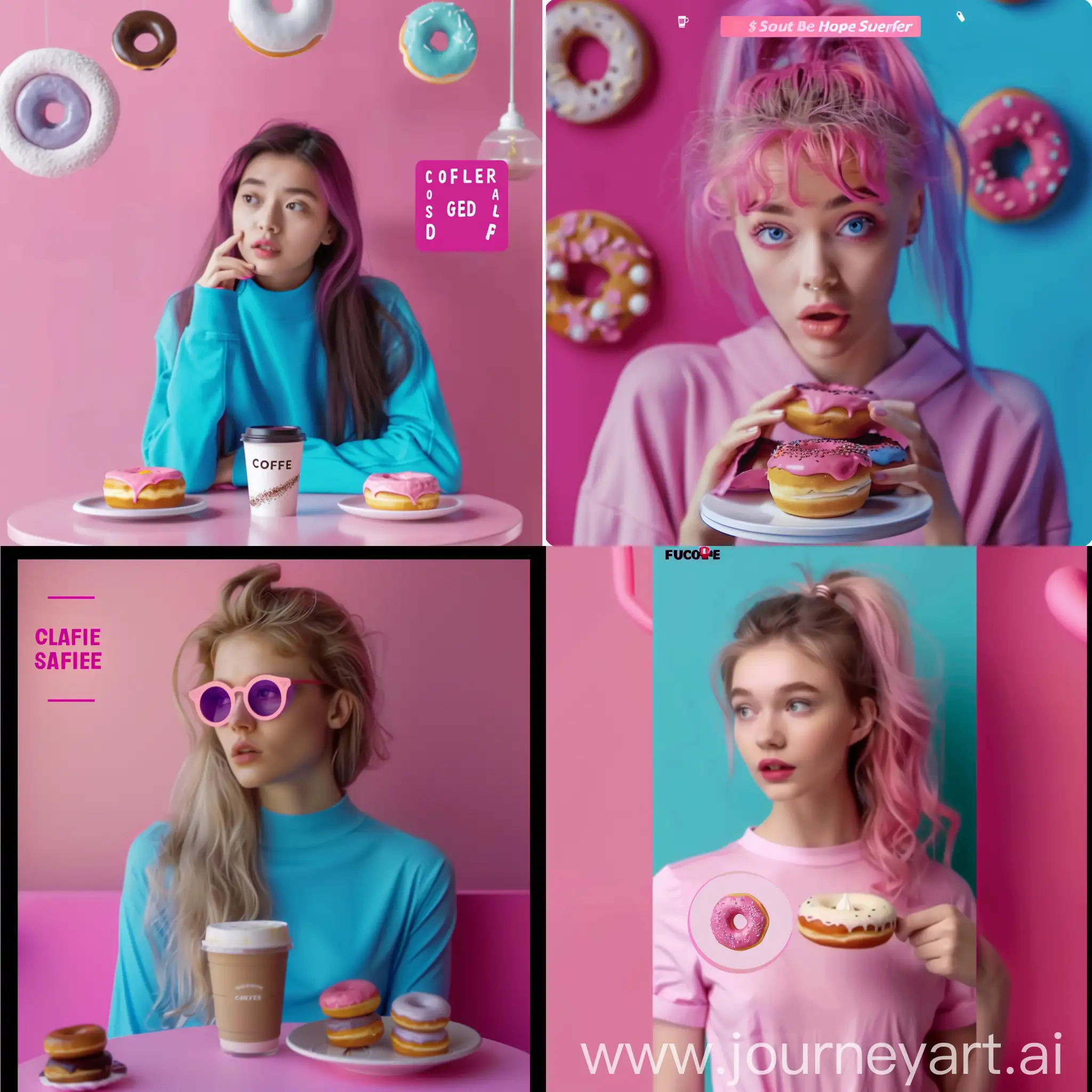 make a similar image without text, for a coffee shop application, with coffee and donuts and other pastries, let it be minimalistic and using pink and blue colors, the background in the same color, pink or blue, studio light, with a girl model