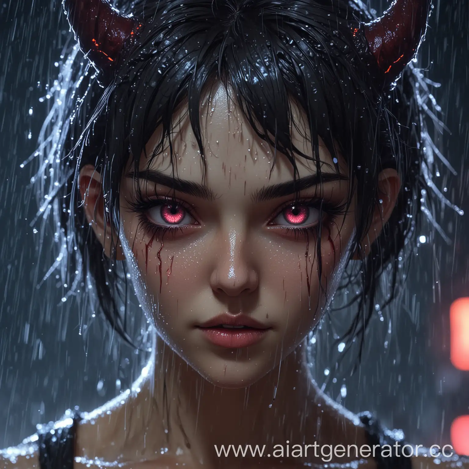 Лицо демона, женского пола, красивые глаза, в стиле аниме, неон, на заднем фоне дождь, ахэгао
