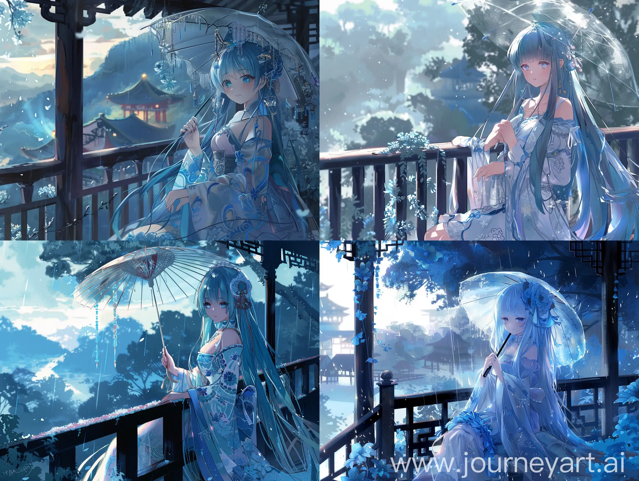 Light novel beautiful cover,Anime-style illustration of a girl with long blue hair and a beautiful cultural outfit, holding a transparent umbrella. She is sitting on a balcony with dark railings, surrounded by  beautiful scenery with soft blue hues or shade. The scene is serene and ethereal.