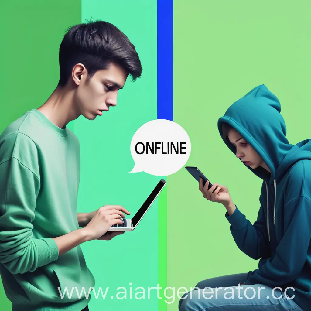 Человек запутался между онлайн и оффлайн жизнью в зеленных и синих тонах