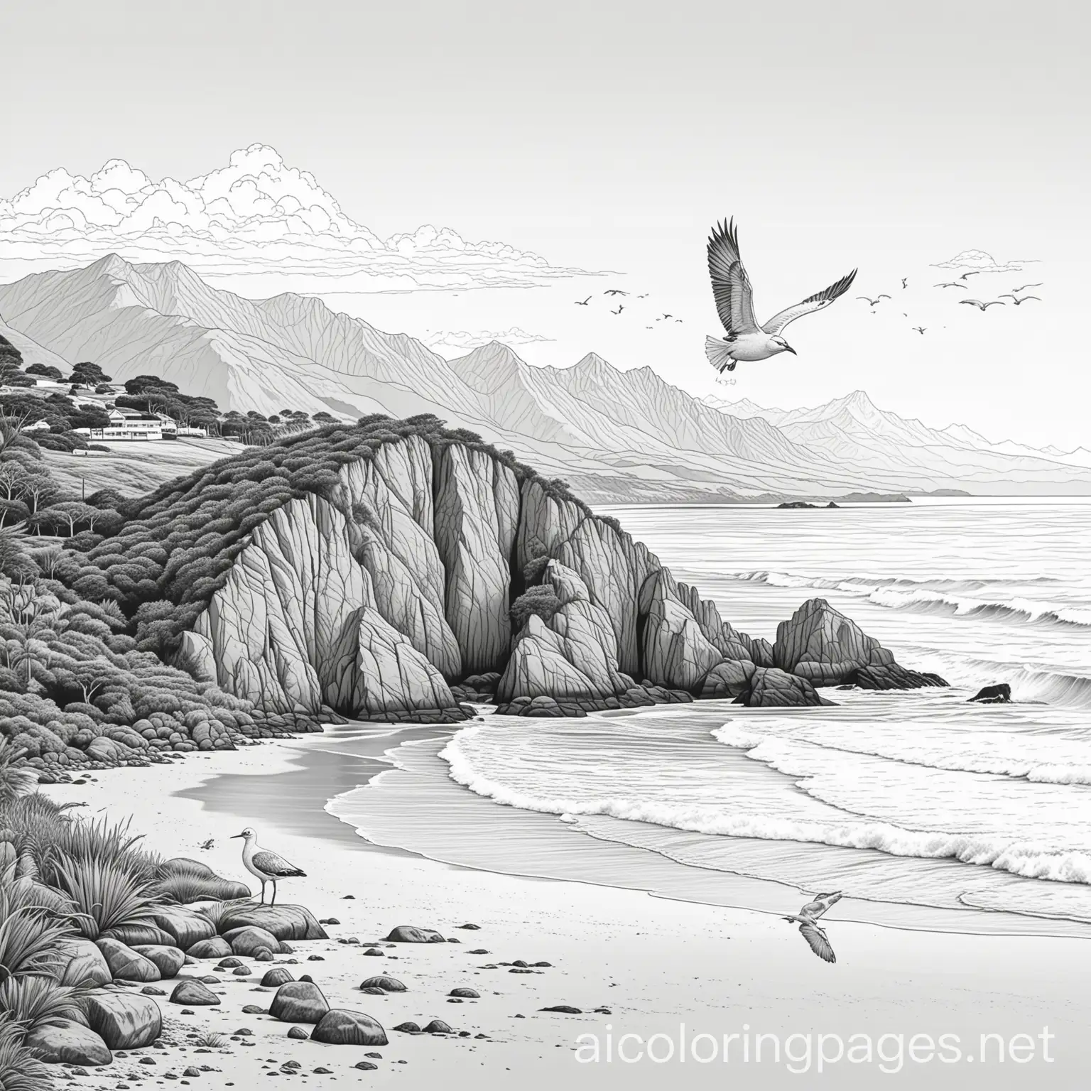 famous new zealand natural landmarks and birds and beaches, Coloring Page, black and white, line art, white background, Simplicity, Ample White Space