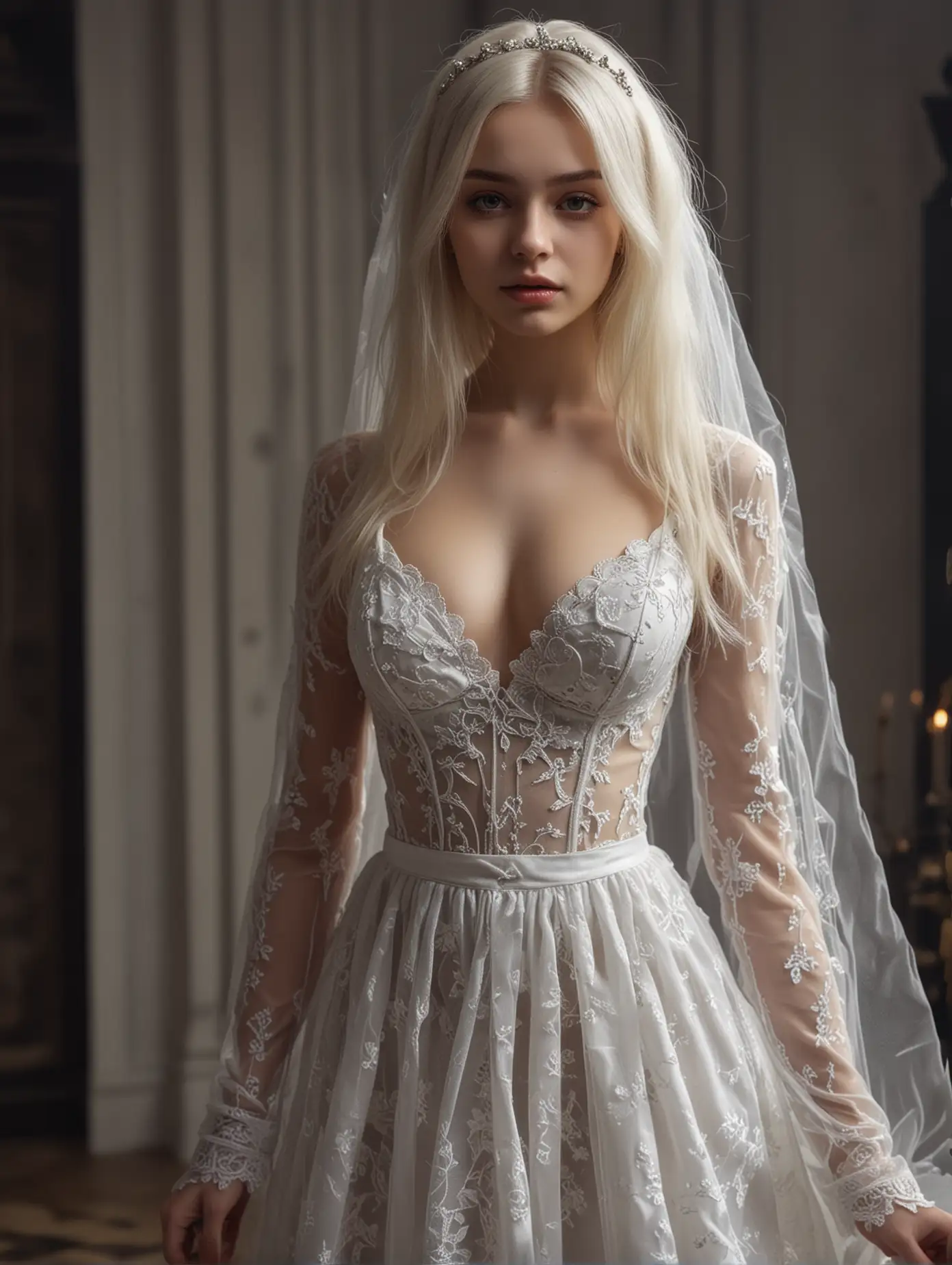 Photo of a beautiful 18 y.o. russian model, full body, wide shot, detailed skin, perfect tits, perfect body, very detailed, 4K HQ, 8K HDR, High contrast, shadows, platinum blonde hair, sexy gothic theme, sheer wedding dress