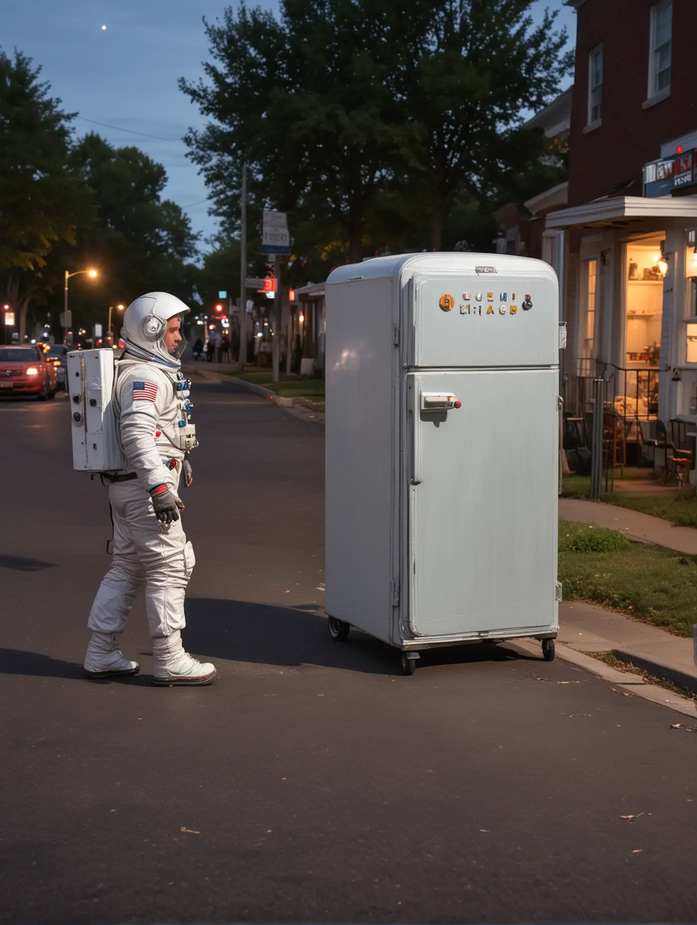 Old fashioned fridge on sidewalk  with man in space suit crossing the road at dusk