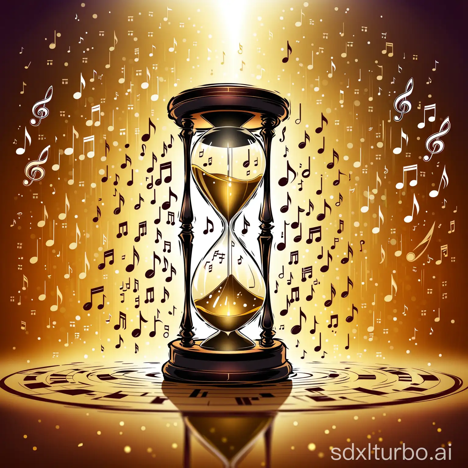 Many musical symbols dance around the hourglass, very historical feeling.