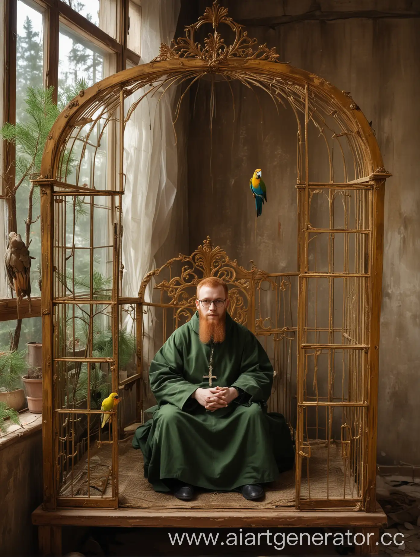 православный монах епископ, рыжий, в очках, сидит на троне в бедной келье в русском стиле, золотая большая клетка с попугаем ара стоит у окна, за окном сосновый лес, на стене портрет писателя Достоевского в золотой тяжёлой раме