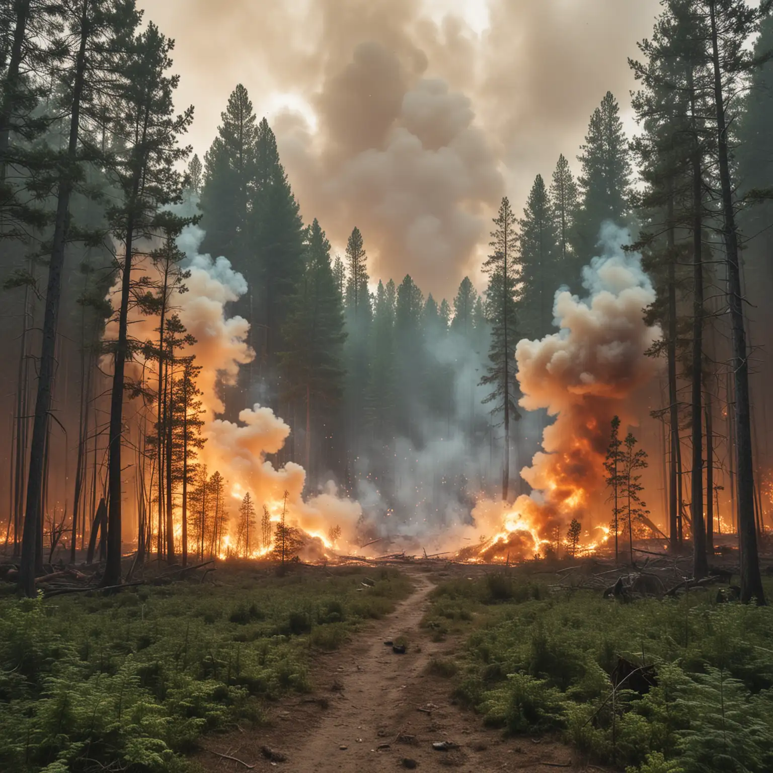 large forest with explosions and smoke