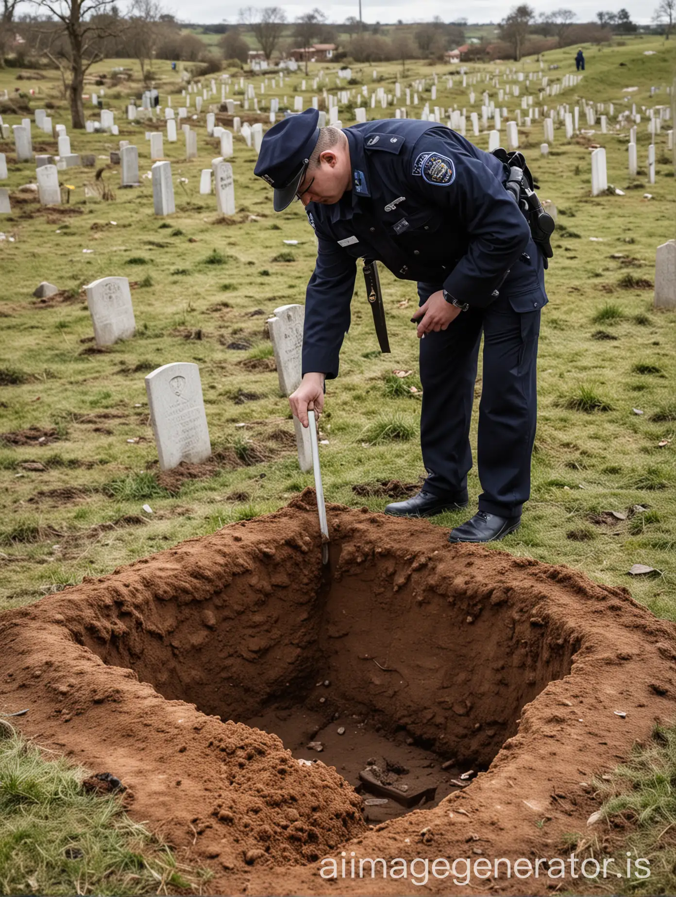 a police officer looking at a digged grave
where the grave is empty

