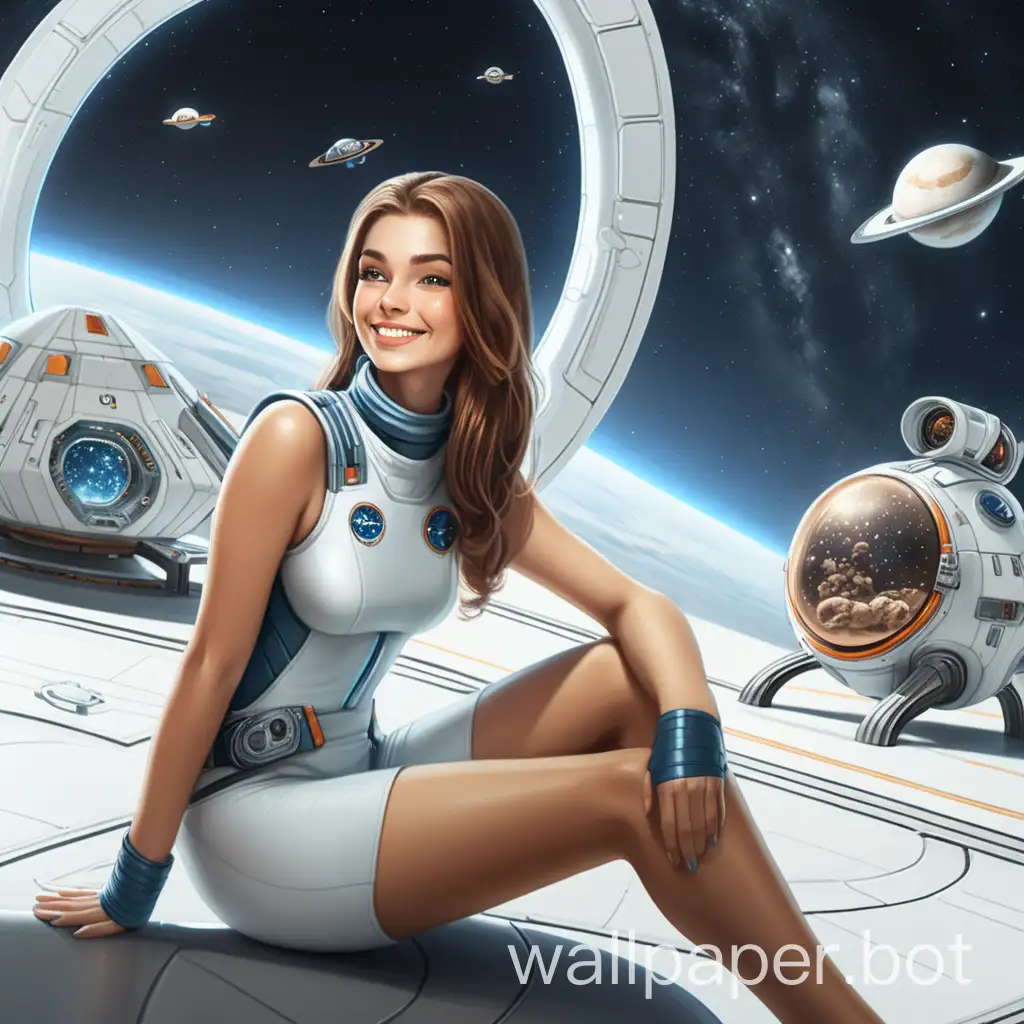 beautiful woman sitting in a spaceport smiling
