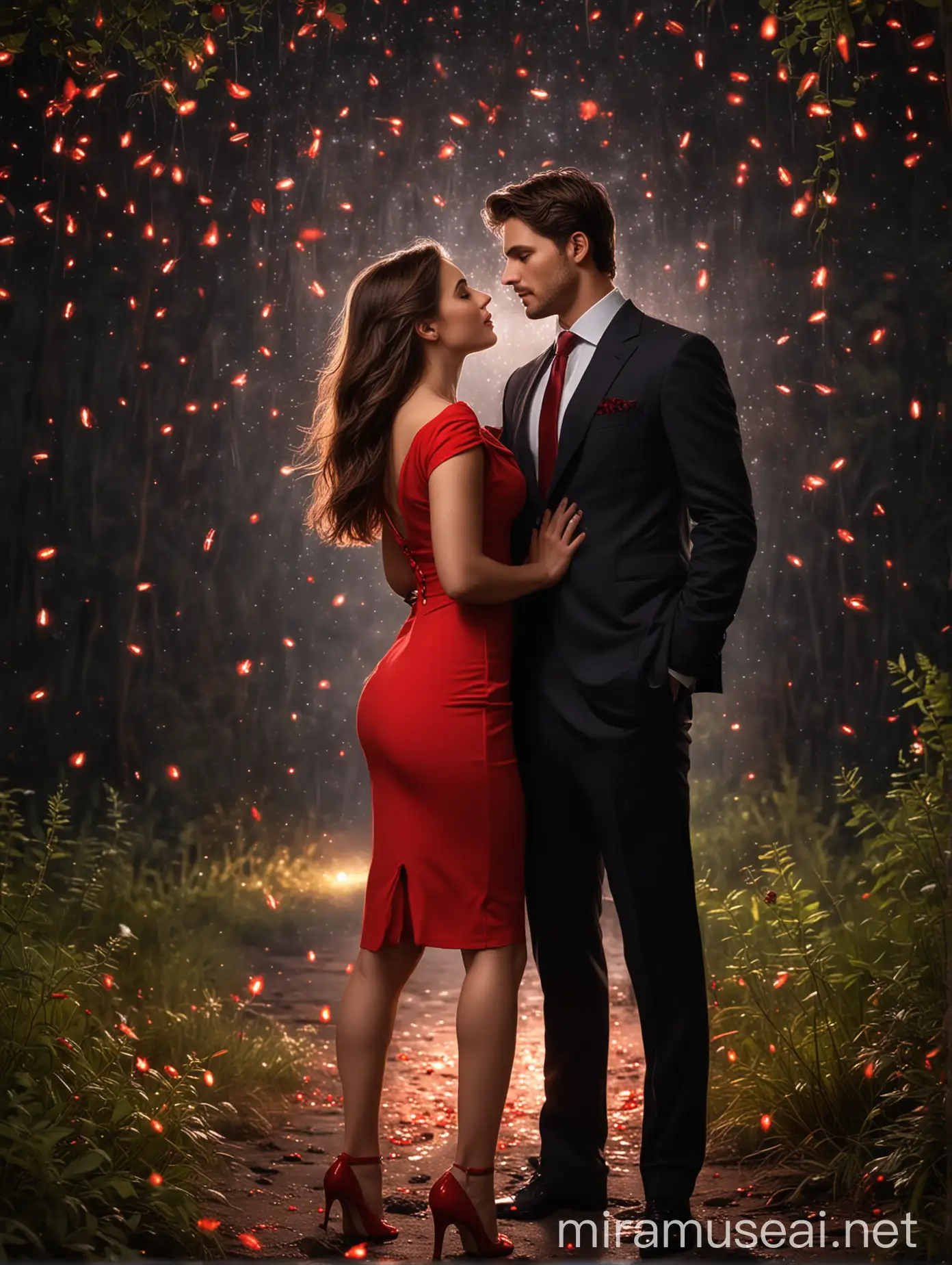 A beautiful hot woman in a fitted red dress, held romantically by a handsome young hot good looking man in suit, with a luminous red fireflies hovering around them at the night