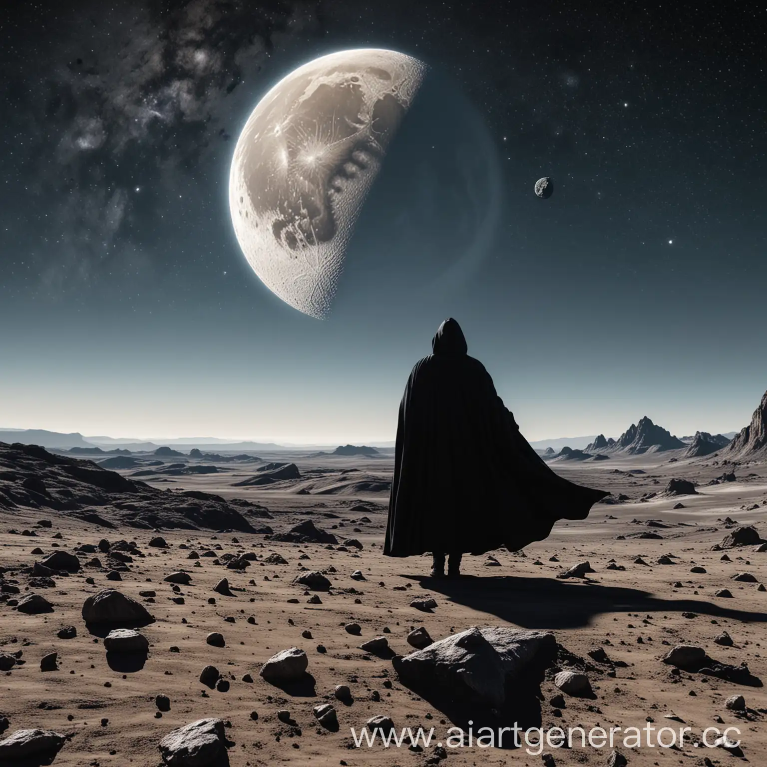 Вид луны на землю, на луне стоит человек в чёрном плаще, на фоне земли с левой и правой стороны летят по одному метеориту