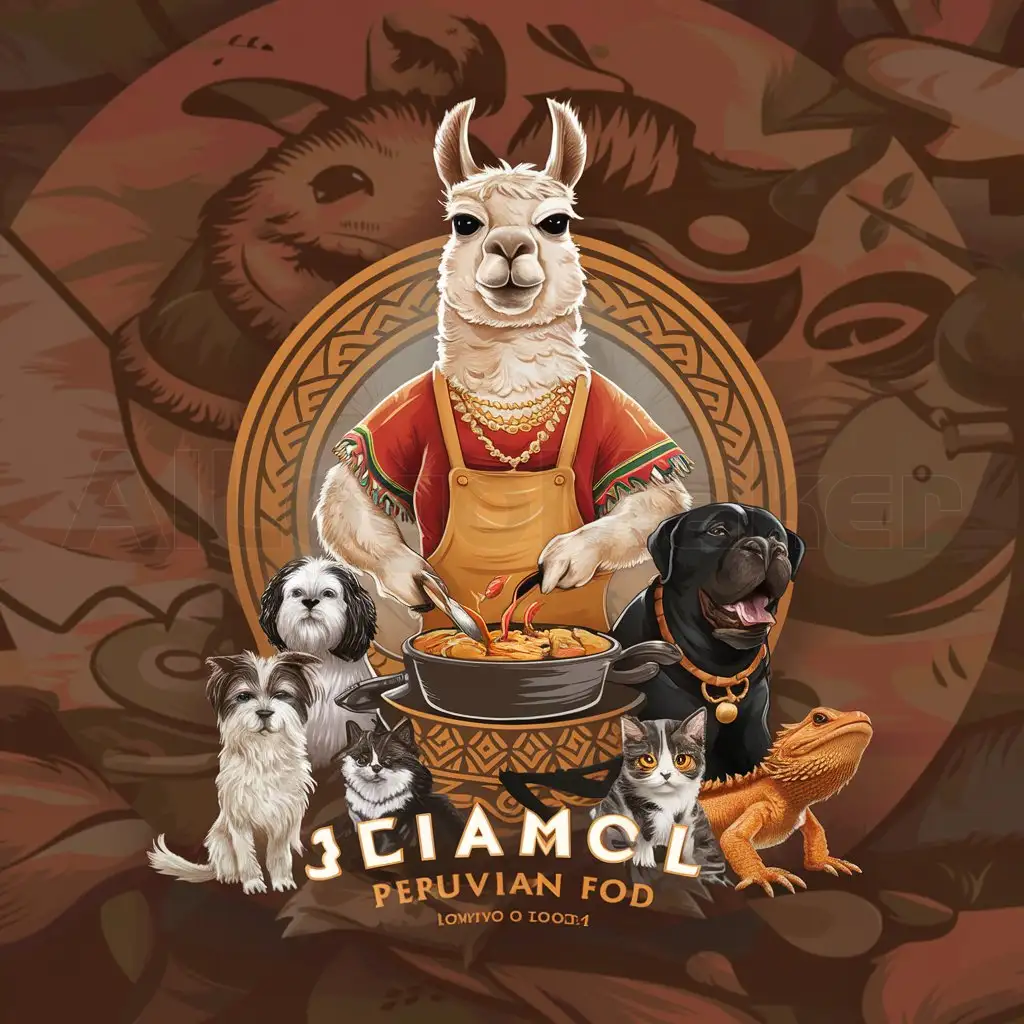 a logo design,with the text "Hungry llama", main symbol:Design me a logo that has a llama cooking Peruvian food that has Inca clothing on and gold jewelry with a small white dog a big black dog a grey and white cat and orange bearded dragon,complex,clear background