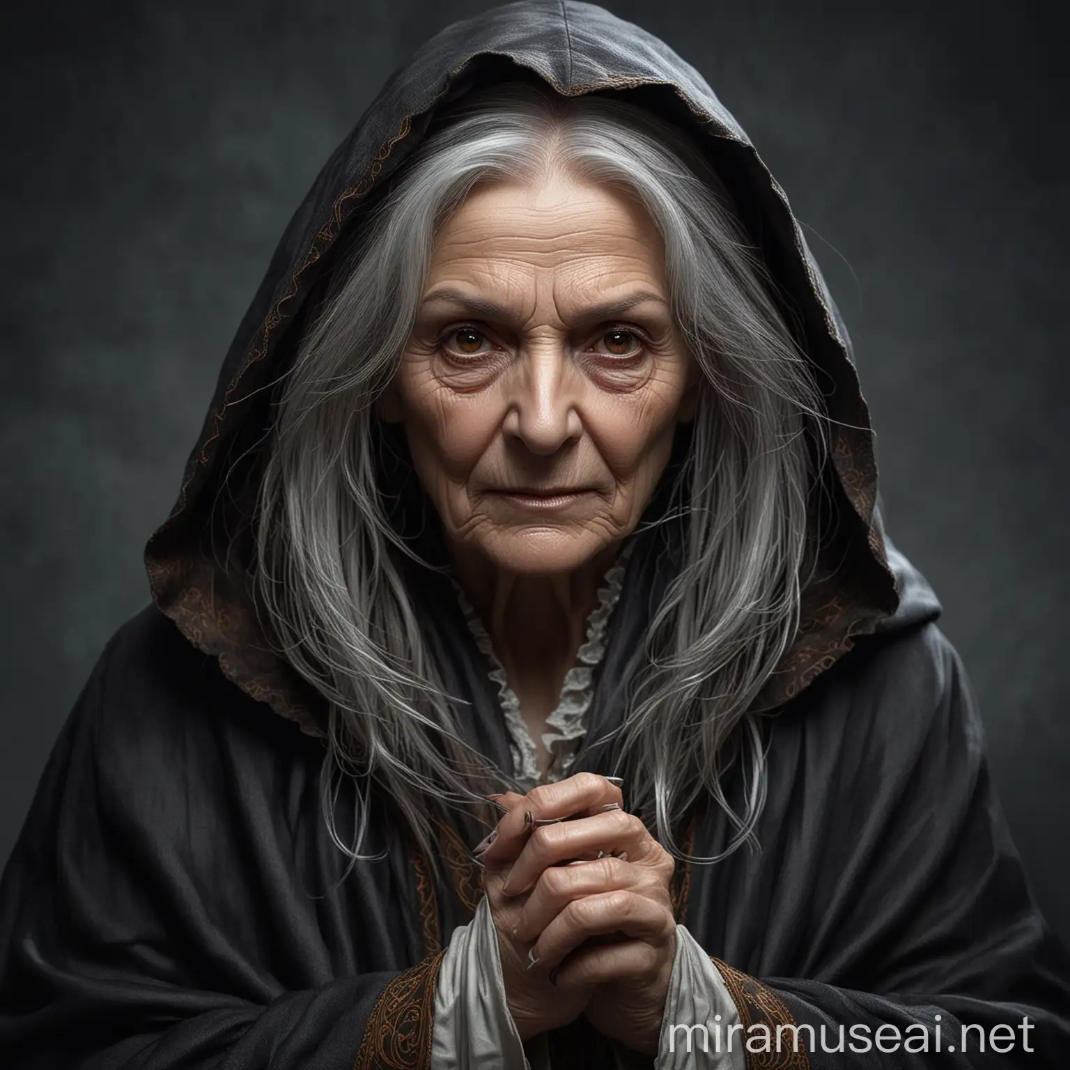 Create a full length character of a older woman, wearing a cloak, large brown eyes, long fingers, dark long hair with silver strands, deeper lines in her face and dark hollow eyes
