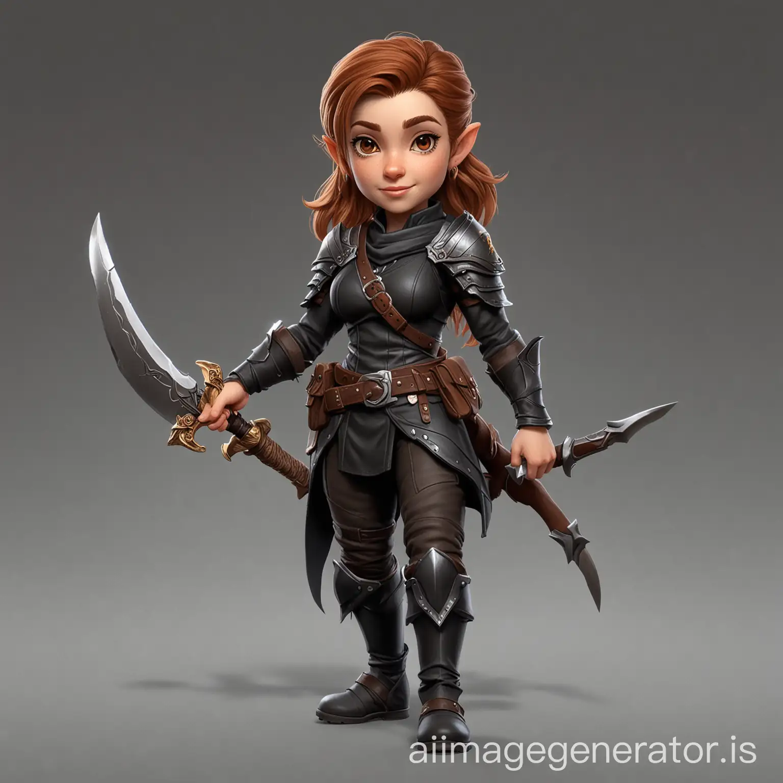 Dnd inspired female halfling with brown hair in a black outfit and holding a sharp kukri