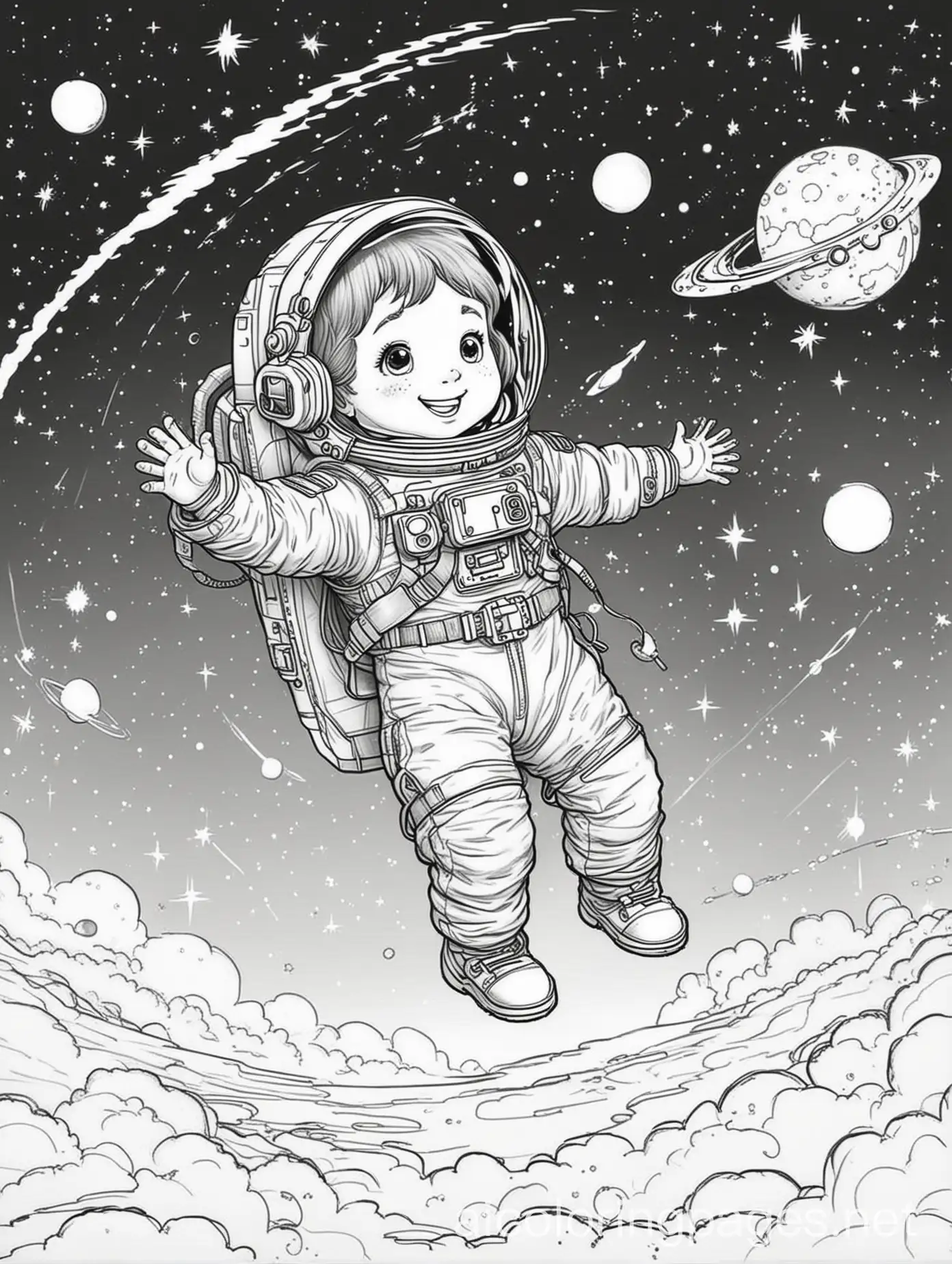 kids floating in space, Coloring Page, black and white, line art, white background, Simplicity, Ample White Space. The background of the coloring page is plain white to make it easy for young children to color within the lines. The outlines of all the subjects are easy to distinguish, making it simple for kids to color without too much difficulty