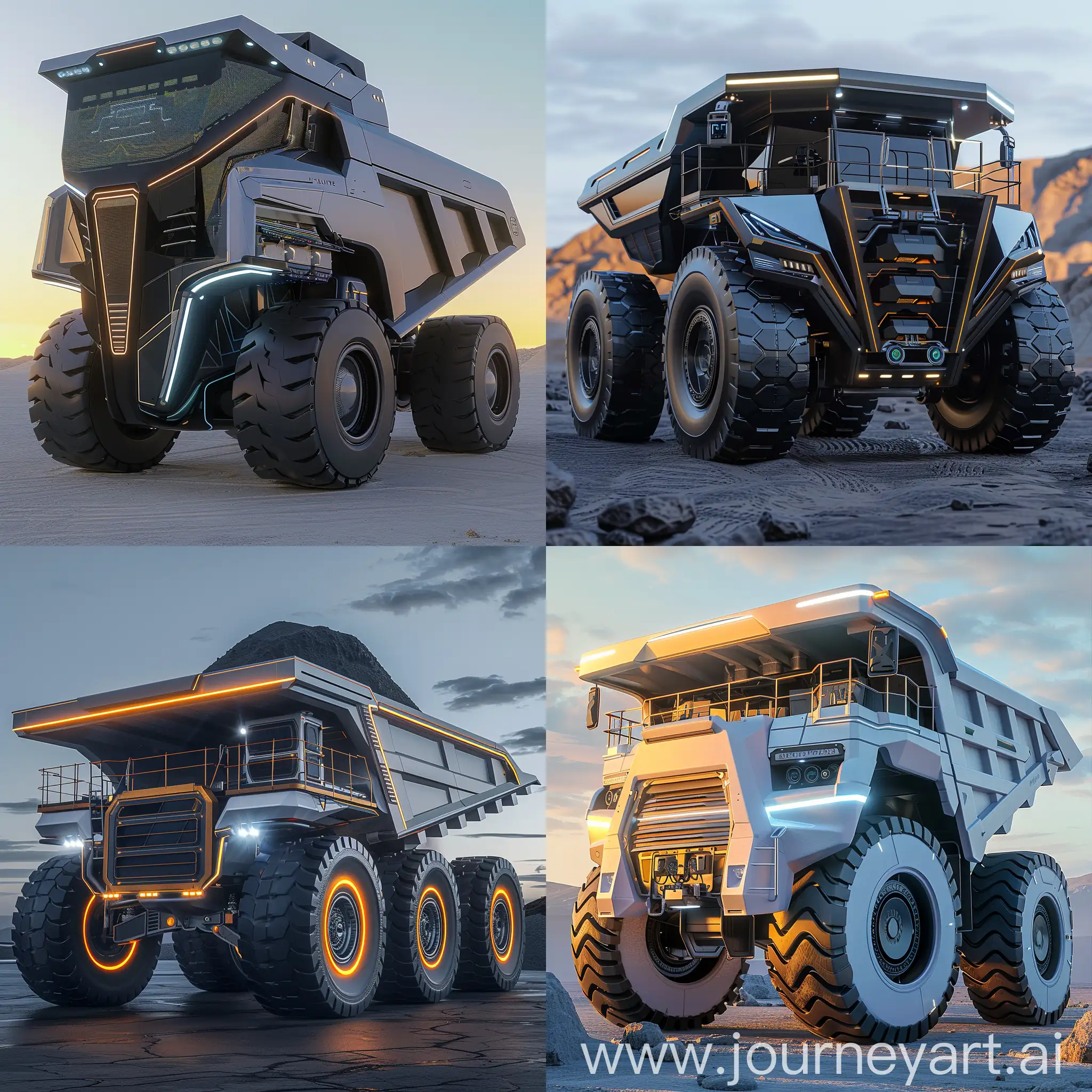 High-tech futuristic dump truck, Autonomous Driving System, Advanced Sensor Technology, Electric Powertrain, Intelligent Load Management System, Integrated Communication System, Predictive Maintenance Technology, Augmented Reality Display, Energy Recovery System, Self-Healing Materials, Biometric Security System, Aerodynamic Body Design, LED Lighting System, Integrated Camera System, Solar Panel Integration, Advanced Telematics System, Retractable Steps and Handrails, Customizable Exterior Panels, Robust Tire Design, Integrated Wind Deflector, Automated Loading and Unloading System, unreal engine 5 --stylize 1000