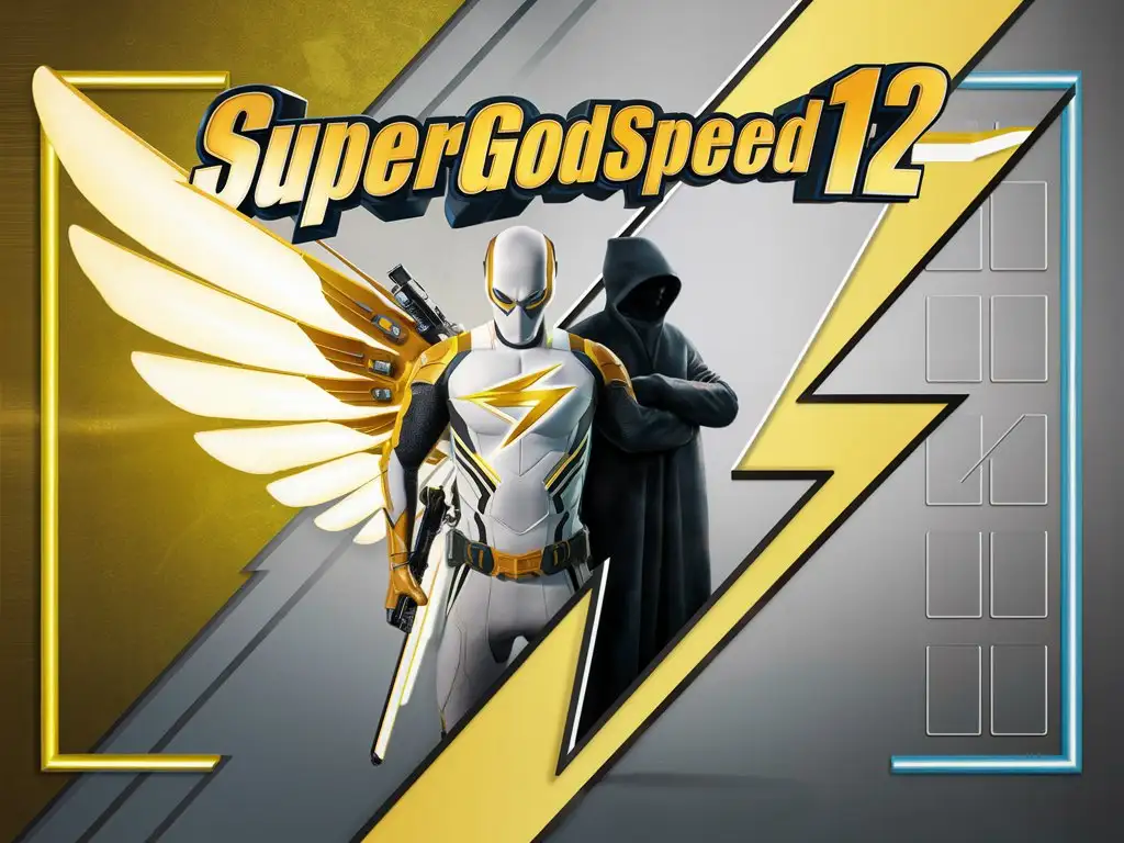 A random wallpaper featuring the word 'SuperGodSpeed12' in the center, adorned with yellow, gold, light neon blue, and white hues. It showcases a super god speed suit with a sleek mask, and the suit itself is white and yellow with large, glowing wings. The suit conceals secret weapons, and the logo is striking, with a neon glow. The figure stands with arms crossed beside the word 'SuperGodSpeed12.' On the right side of the wallpaper, each element icon is a vertical rectangle without any icons inside. Surrounding the design is a frame shaped like a lightning bolt, combining yellow and light blue, providing space to place apps for play.