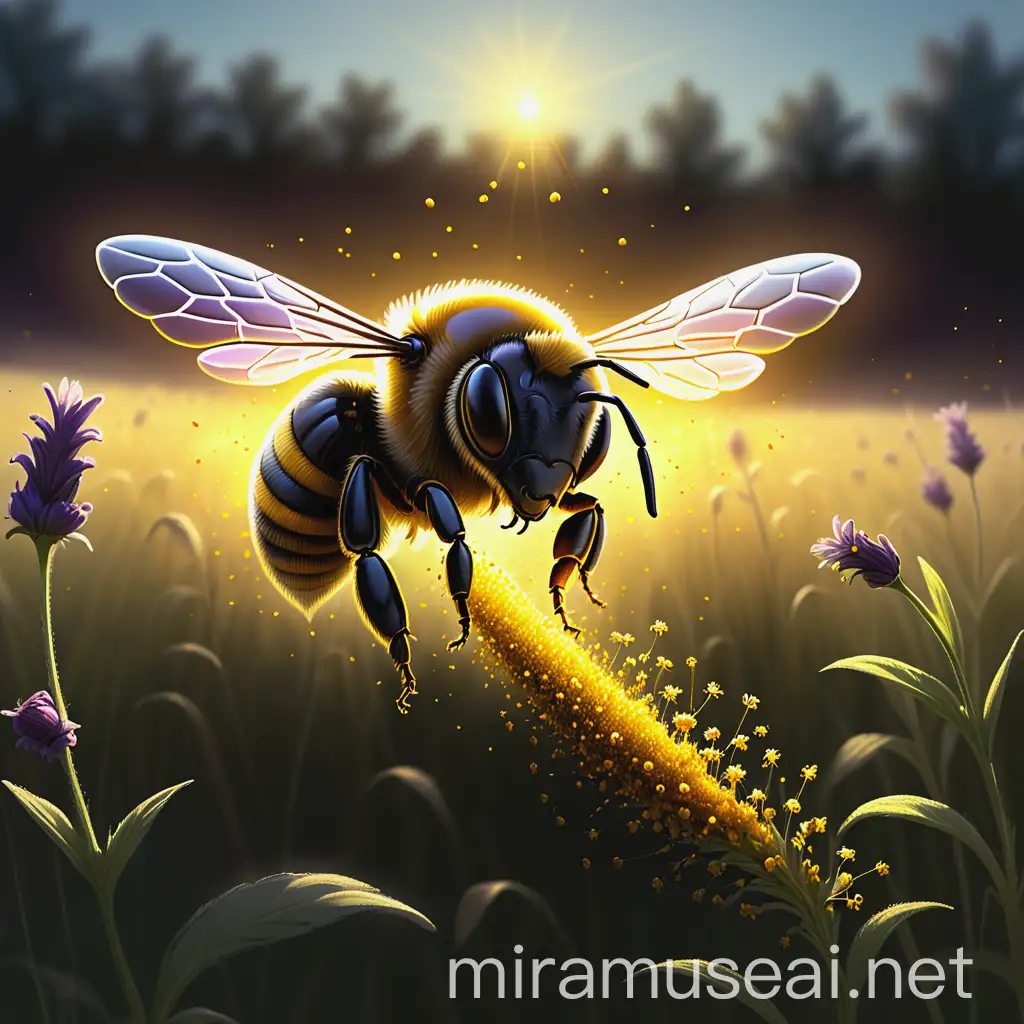 dibujar una abeja luminosa atravesando un campo dejando una estela de polen detrás  de ella
