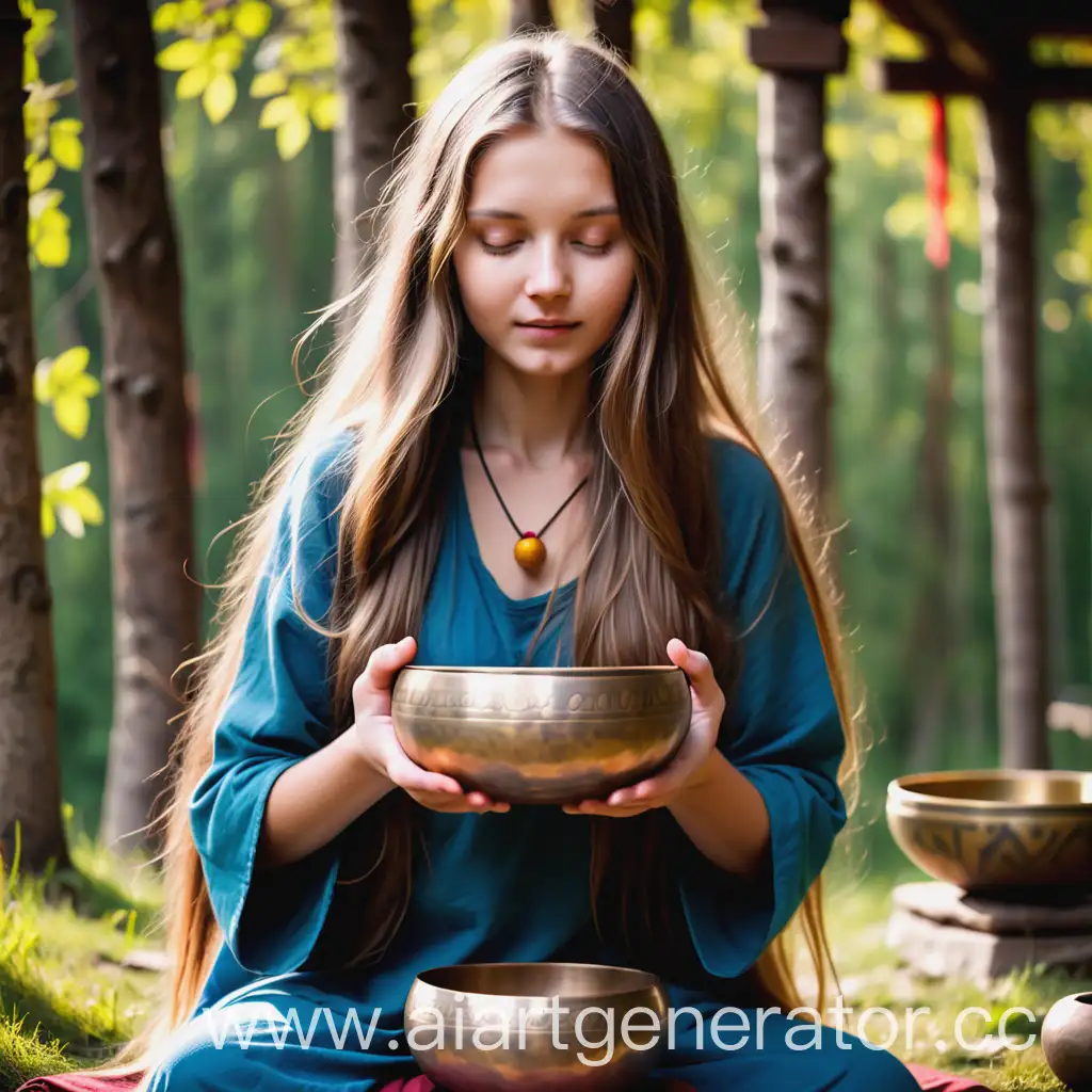 красивая длинноволосая девушка играет на тибетской поющей чаше, блики, природа, гармония