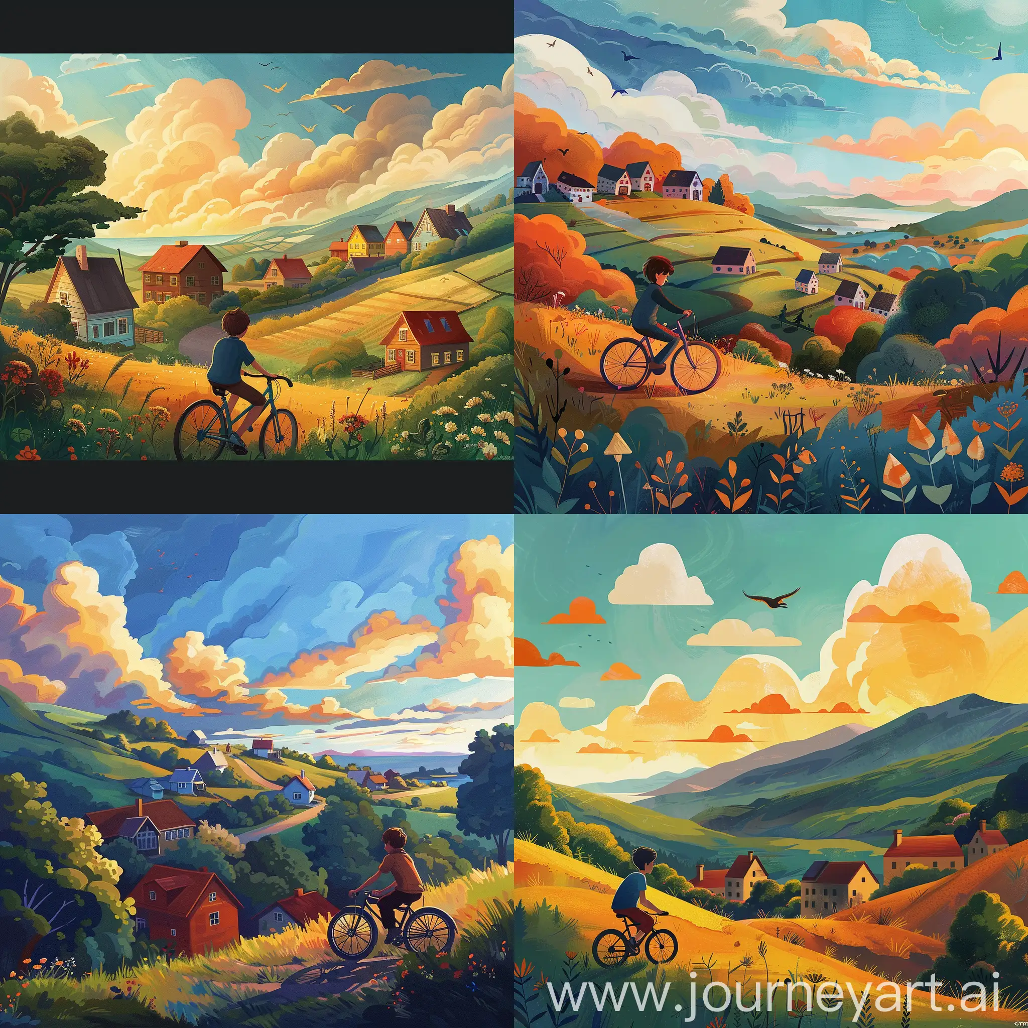 Boy riding a bicycle on street and view of beautiful nature and small houses of different colours