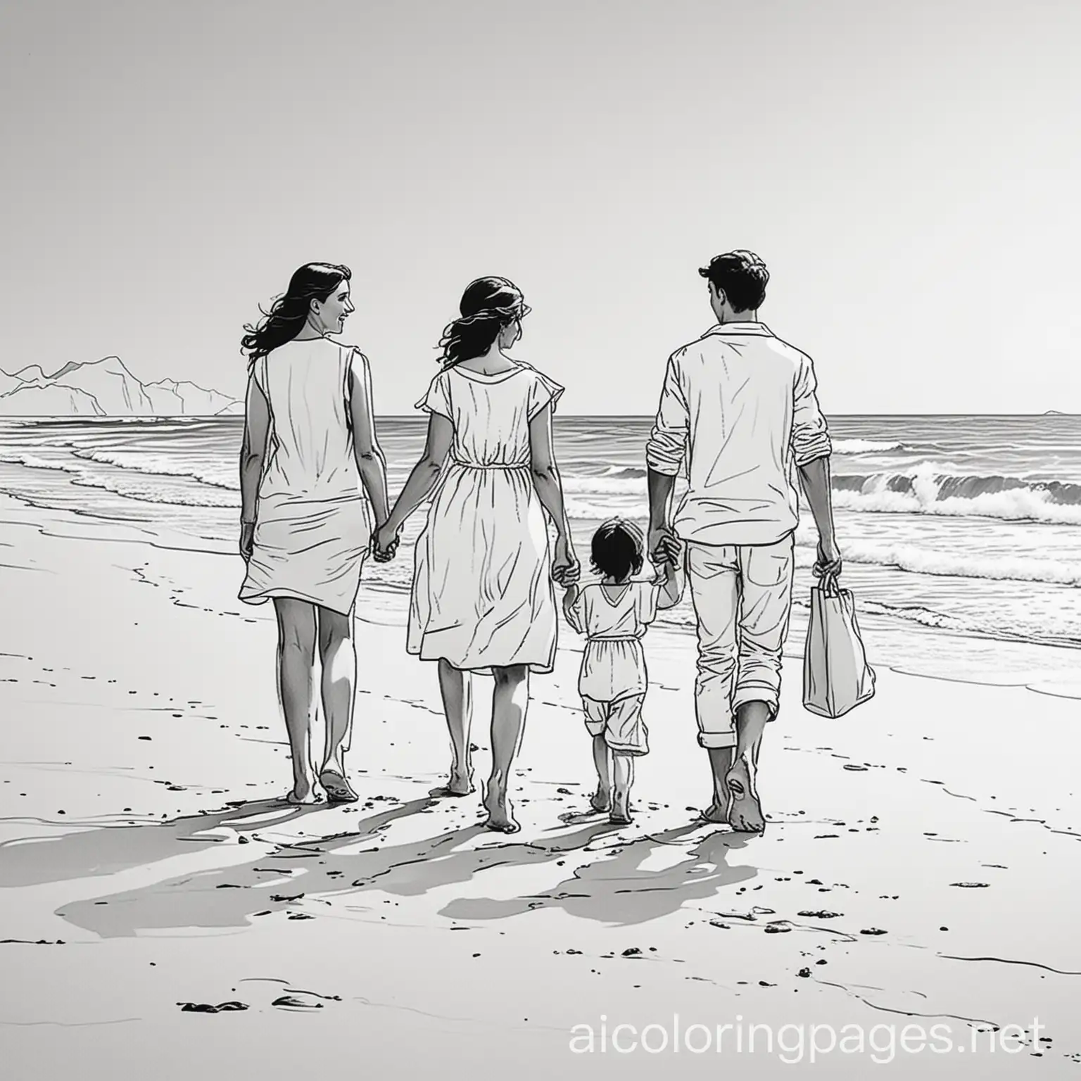 familia paseando por la playa,nColoring Page, black and white, line art, white background, Simplicity, Ample White Space.nThe background of the coloring page is plain white to make it easy for young children to color within the lines. The outlines of all the subjects are easy to distinguish, making it simple for kids to color without too much difficulty