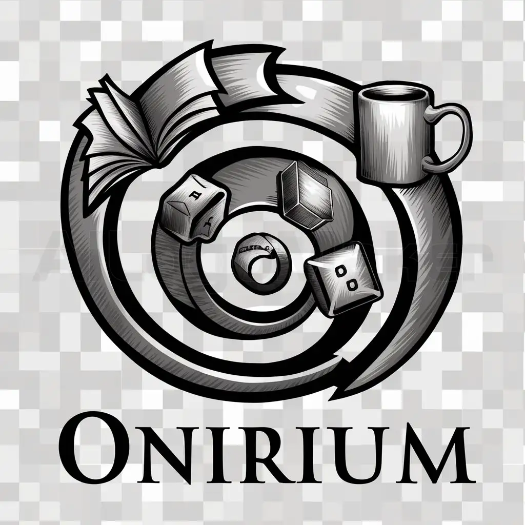 a logo design,with the text "Onirium", main symbol:Spiral, book, mug, die,Moderate,be used in Entertainment industry,clear background