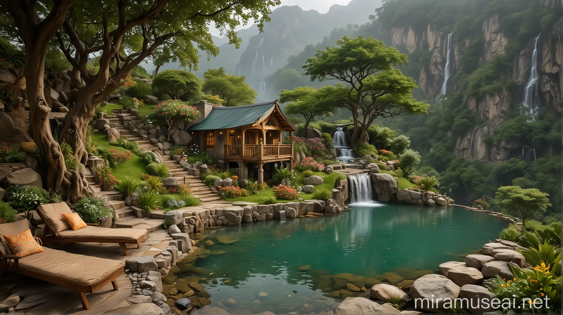 Majestic Waterfall Mountain Hut Interior Serene Monsoon Emerald Dreamscape