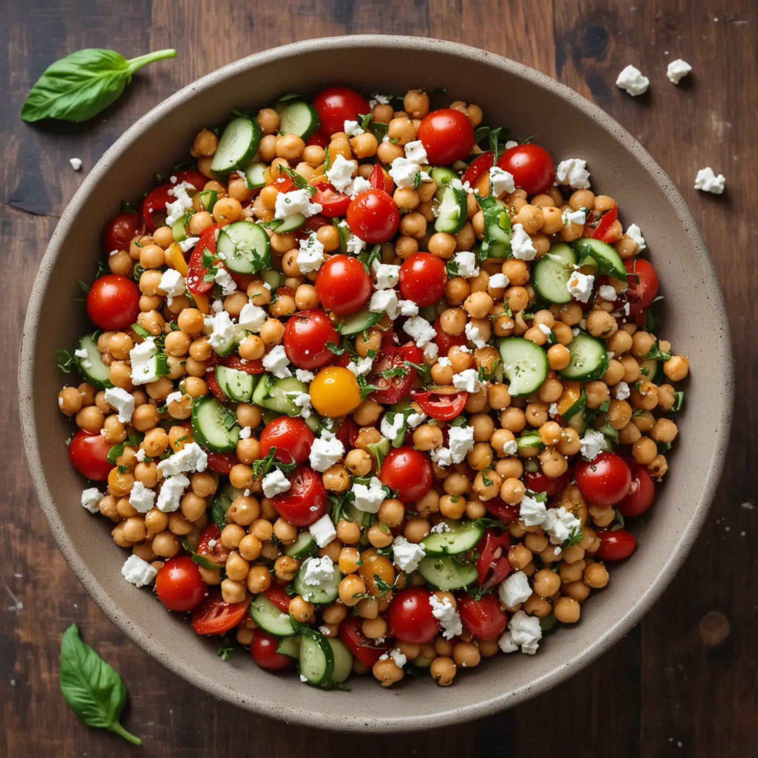 Colorful Crunchy Chickpea Salad with Fresh Vegetables and Feta Cheese