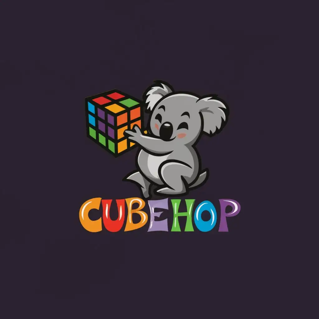 a logo design,with the text 'CubeHop', main symbol:Koala, Cricket bat and Rubik's Cube and dance,Moderate,clear background and cricket and add a child