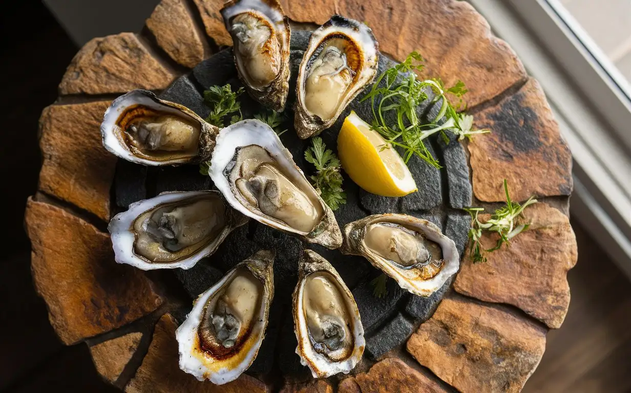 A mouthwatering photograph of charcoal-grilled oysters, beautifully arranged on a unique stone slab with fresh lemon and herbs. Captured in an appetizing close-up style, utilizing natural window light, overhead angle, and ensuring a balanced composition, presenting a delicious and tempting image