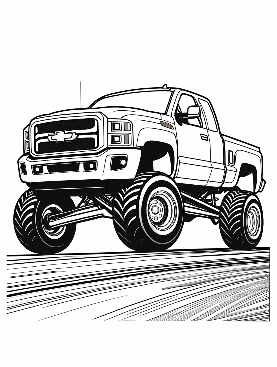 black and white outline, pickup truck, monster truck, big wheels, on the road, Coloring Page, black and white, line art, white background, Simplicity, Ample White Space