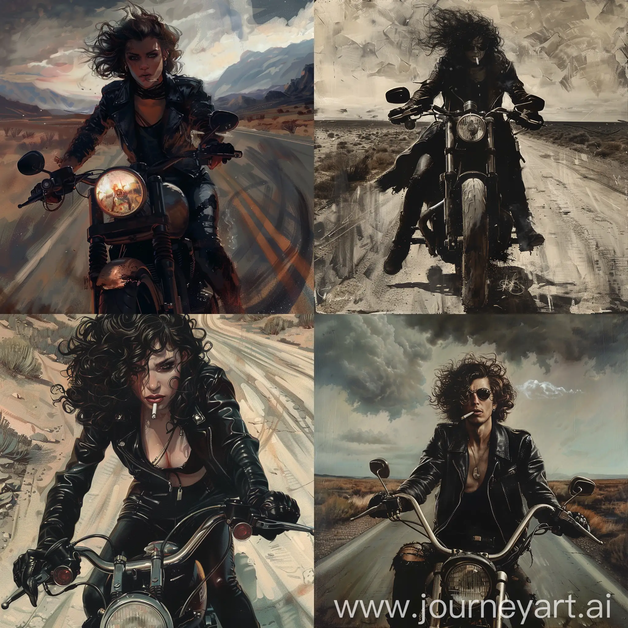 A motorcyclist comes down the deserted road of Darah Barun
Bony and angular face, curly hair, wearing a black dress, a leather jacket with a collar, black slash pants, and long black boots.
Riding a heavy motorcycle
And a cigarette in the corner of his mouth
