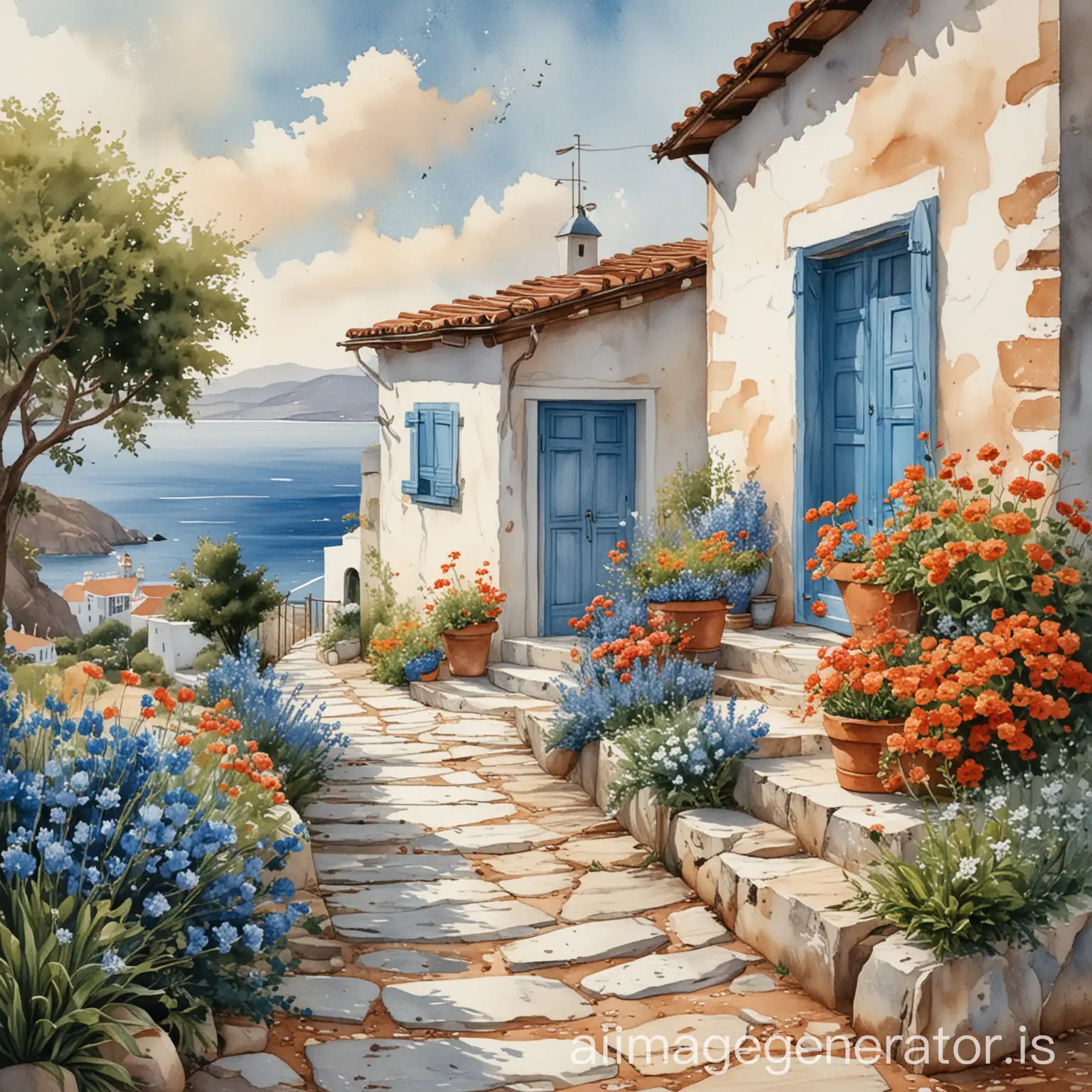 A captivating watercolor illustration of a quaint Greek house by the coast, showcasing the timeless white and blue color scheme. The house is adorned with vibrant flowers, rustic wooden shutters, and terra cotta pots, adding to its charm. In the foreground, a worn stone path with small pebbles leads to the entrance, inviting you to explore. In the distance, the sea shimmers under the warm hues of the sky, with a small sailboat gently navigating the gentle waves. The overall atmosphere of the illustration is serene and tranquil, evoking a sense of vacation and relaxation.
