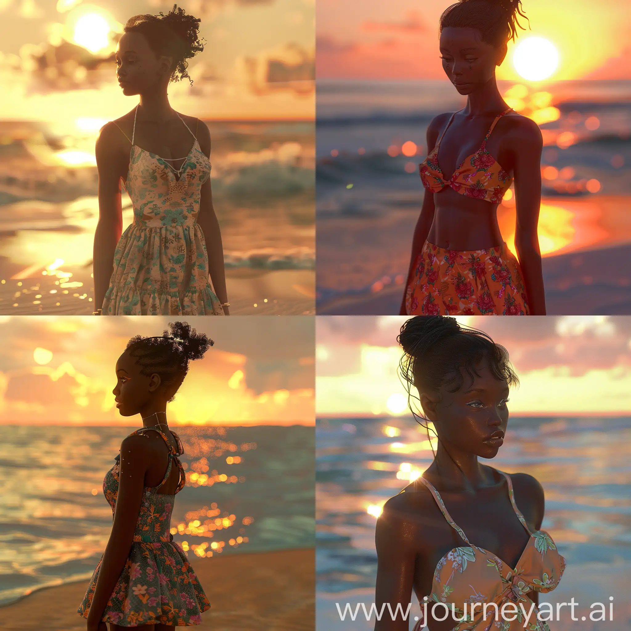 Create a photo-realistic portrayal of a android black woman with a carefree spirit, donning a summer dress. Set the scene on a sandy beach during a sunset, with the warm glow of the sun reflecting on the water, creating a tranquil ambiance. — ar 16:9 — stylize 400 — style raw — v 6