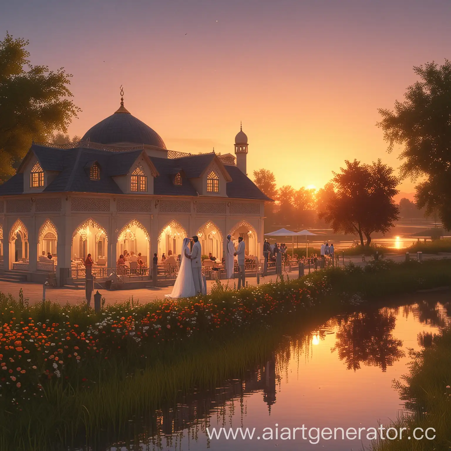 Мусульманская свадьба на берегу реки, загородний дом, закат. анимационный стиль