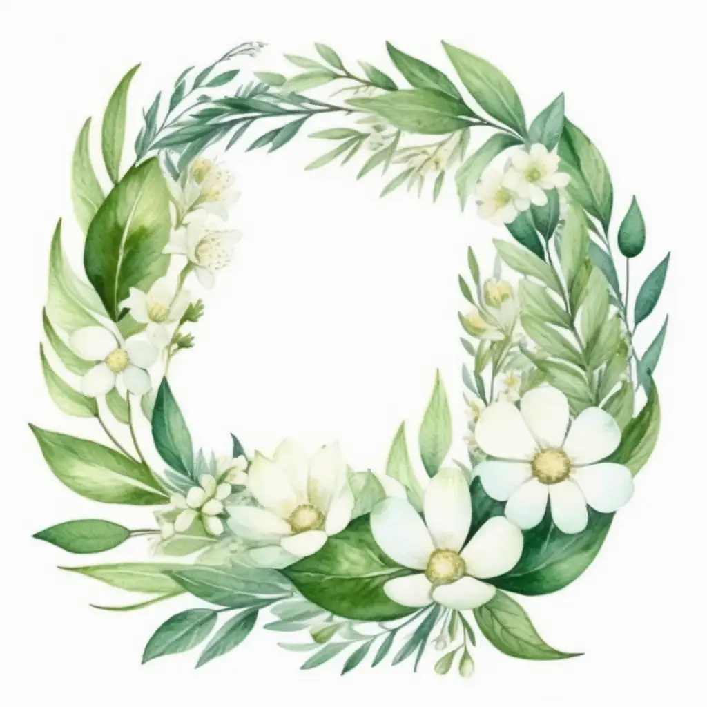 Watercolor Green Wreath with White Flowers on White Background