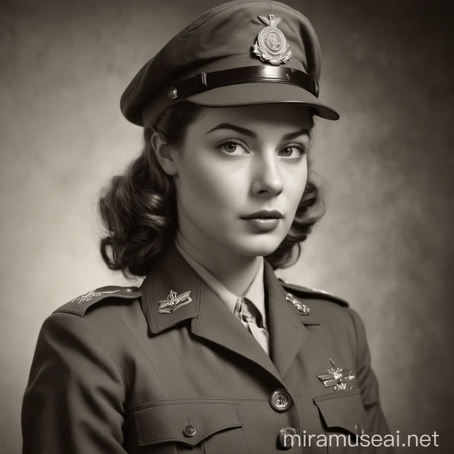 beautiful woman from the 1940s in a military uniform, realistic, vintage bw photograph