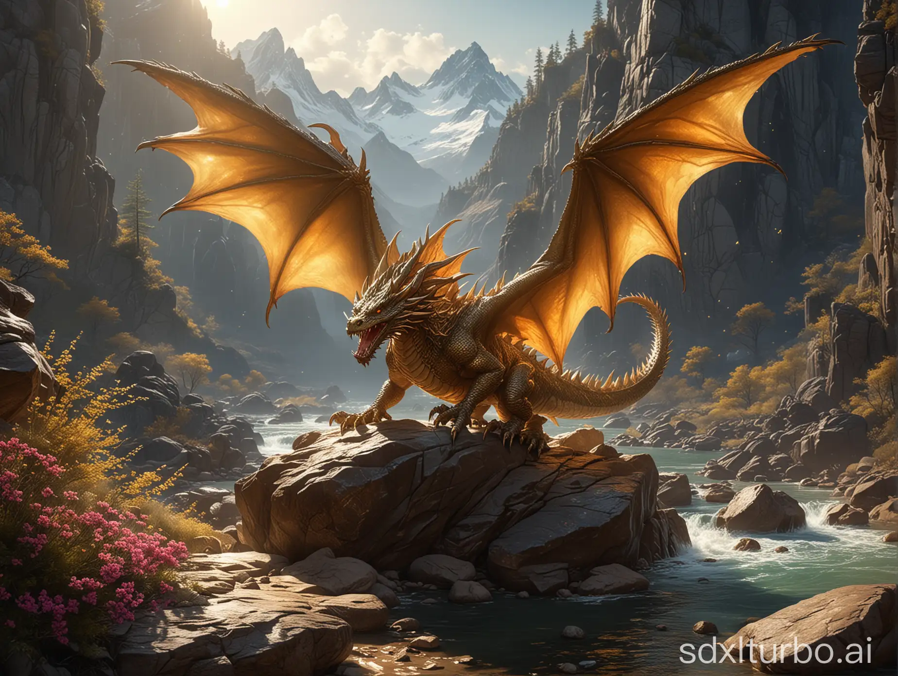 A mystical fantastically beautiful sparkling and twinkling  spring in the mountains, flowing from the rock, alive huge calm beautiful dragon colored in gold with spread wings lies next to it, guarding, all around is a very beautiful harmonious atmosphere,  perfect composition, beautiful detailed intricate insanely detailed octane render trending on artstation, 8 k, photorealistic concept art, soft natural volumetric cinematic perfect light, chiaroscuro,  masterpiece, greg rutkowski  