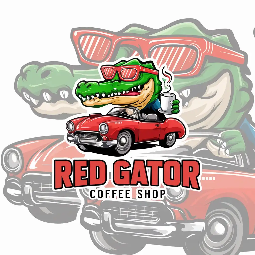 a logo design,with the text "RED GATOR COFFEE SHOP", main symbol:gator driving car with red sunglasses and a cup of coffee,complex,clear background