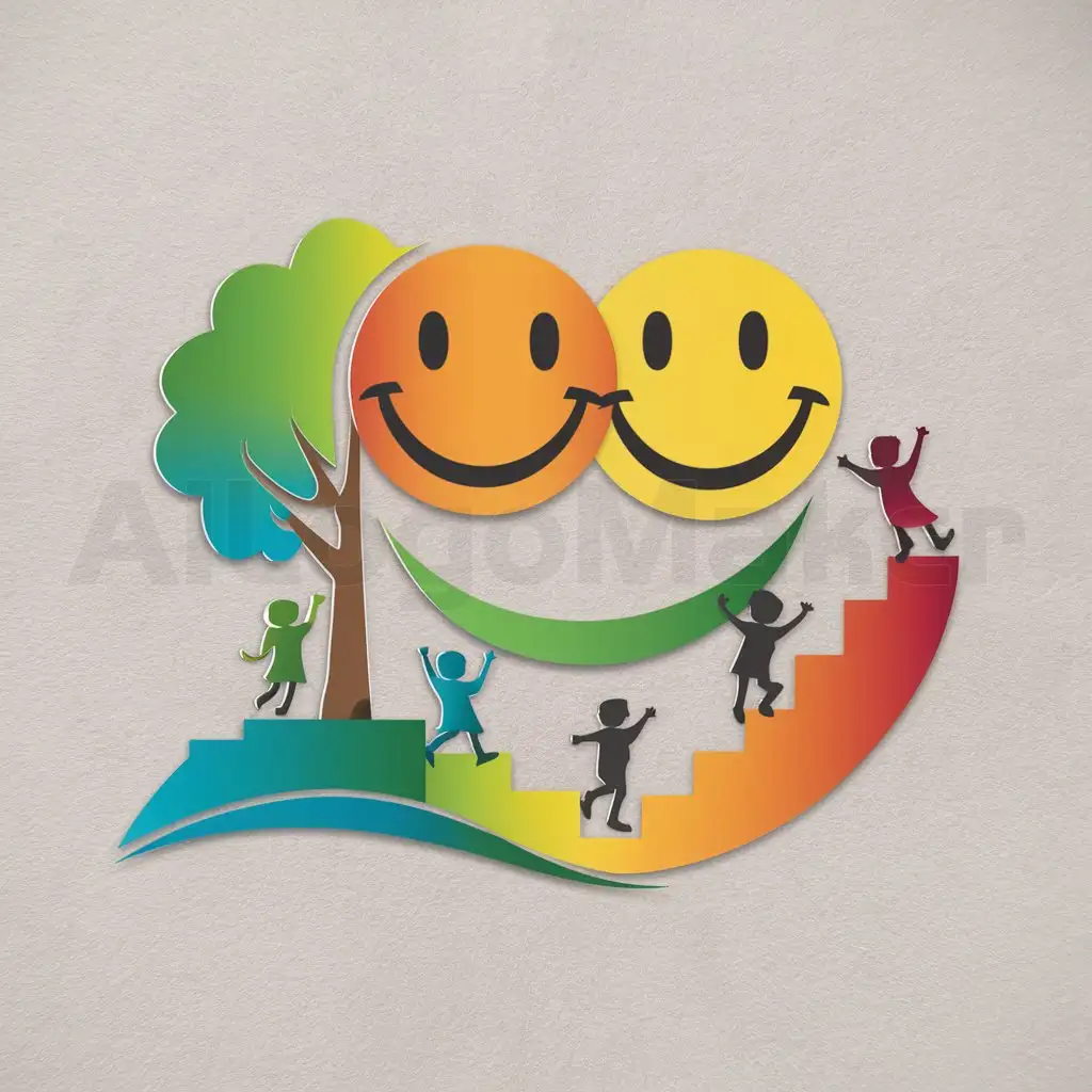 a logo design,with the text "Smile step", main symbol:Smiling faces, children, happiness, future, colorful tree, hill, stairs,Moderate,clear background