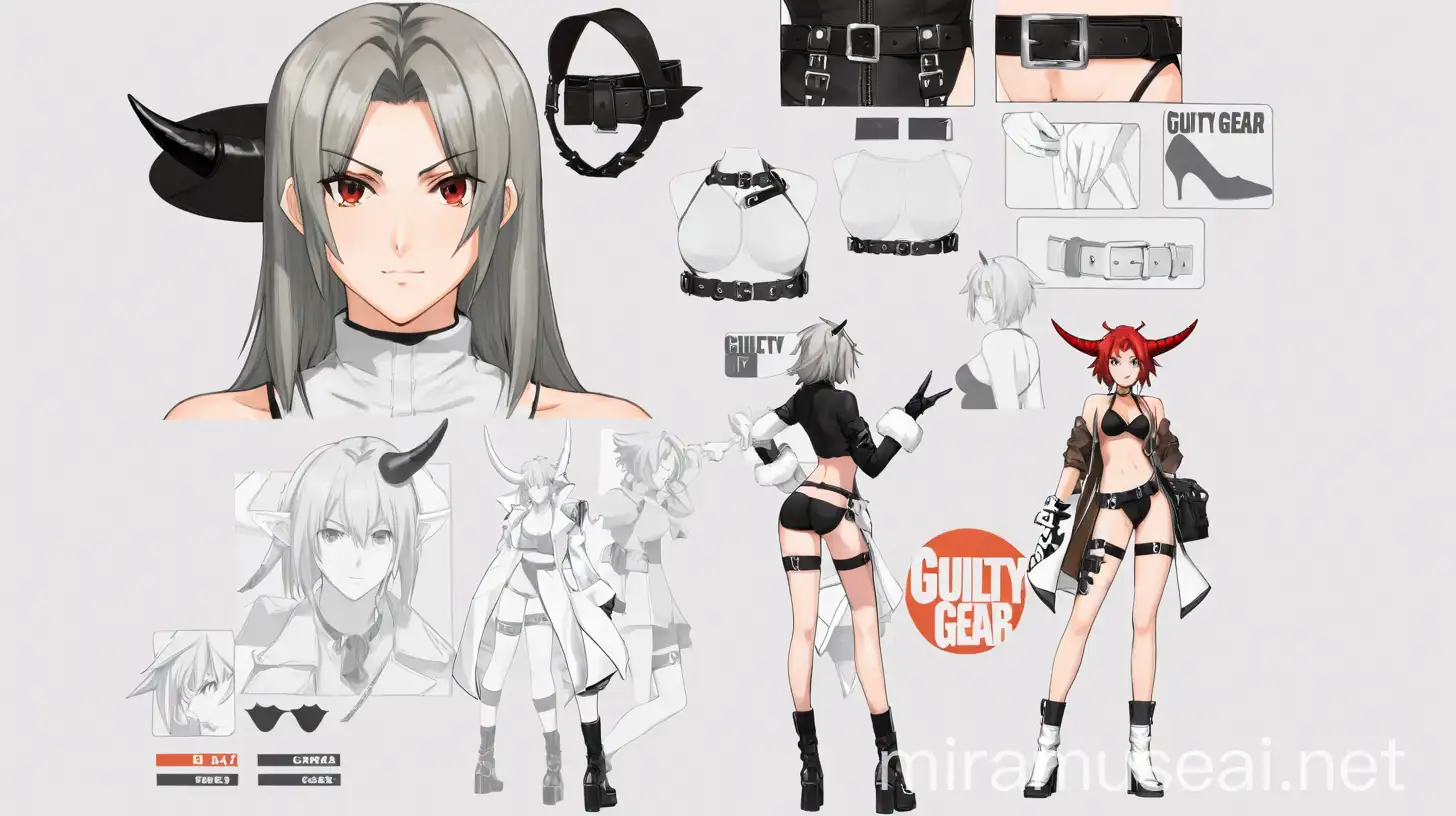 Guilty Gear, character reference sheet, body back and forth, face expressions, accesories, female, red short bob hair, demon black horns, demon tail, slender body, small breasts, wearing a leather coat, black top, short pants, fishnet thigh-high socks, black highheels boots. 